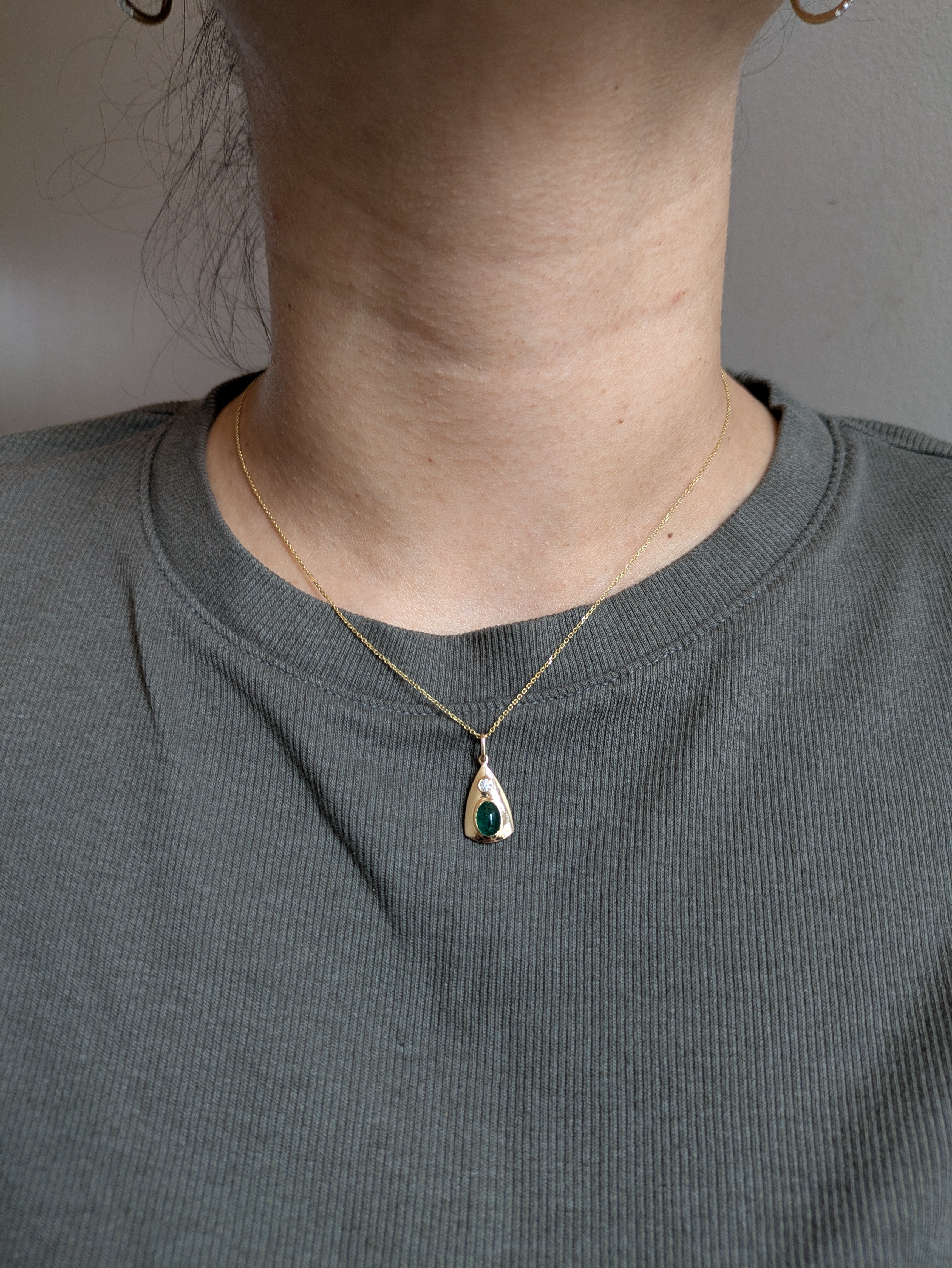 Danya 14K Yellow Gold 0.93cts Cabochon Emerald Diamond Pendant | Oval 7x5mm