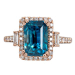 Tanvi 14K Rose Gold 6.68cts Blue Zircon Diamond Ring | Emerald Cut 9.5x7mm