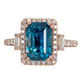 Tanvi 14K Rose Gold 6.68cts Blue Zircon Diamond Ring | Emerald Cut 9.5x7mm
