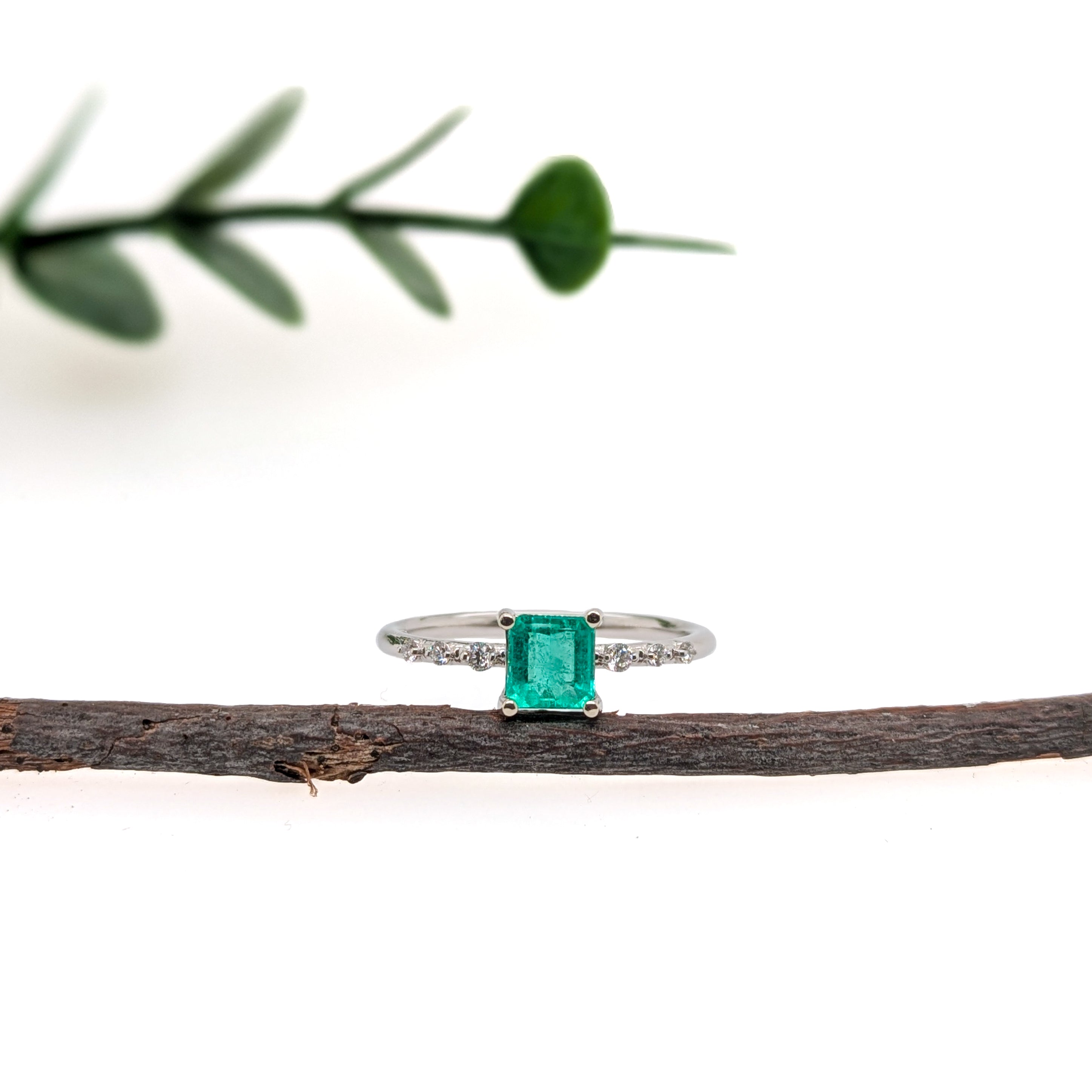 Nainika 14K White Gold 0.57cts Ethiopian Emerald Diamond Ring |  Asscher Cut 5mm