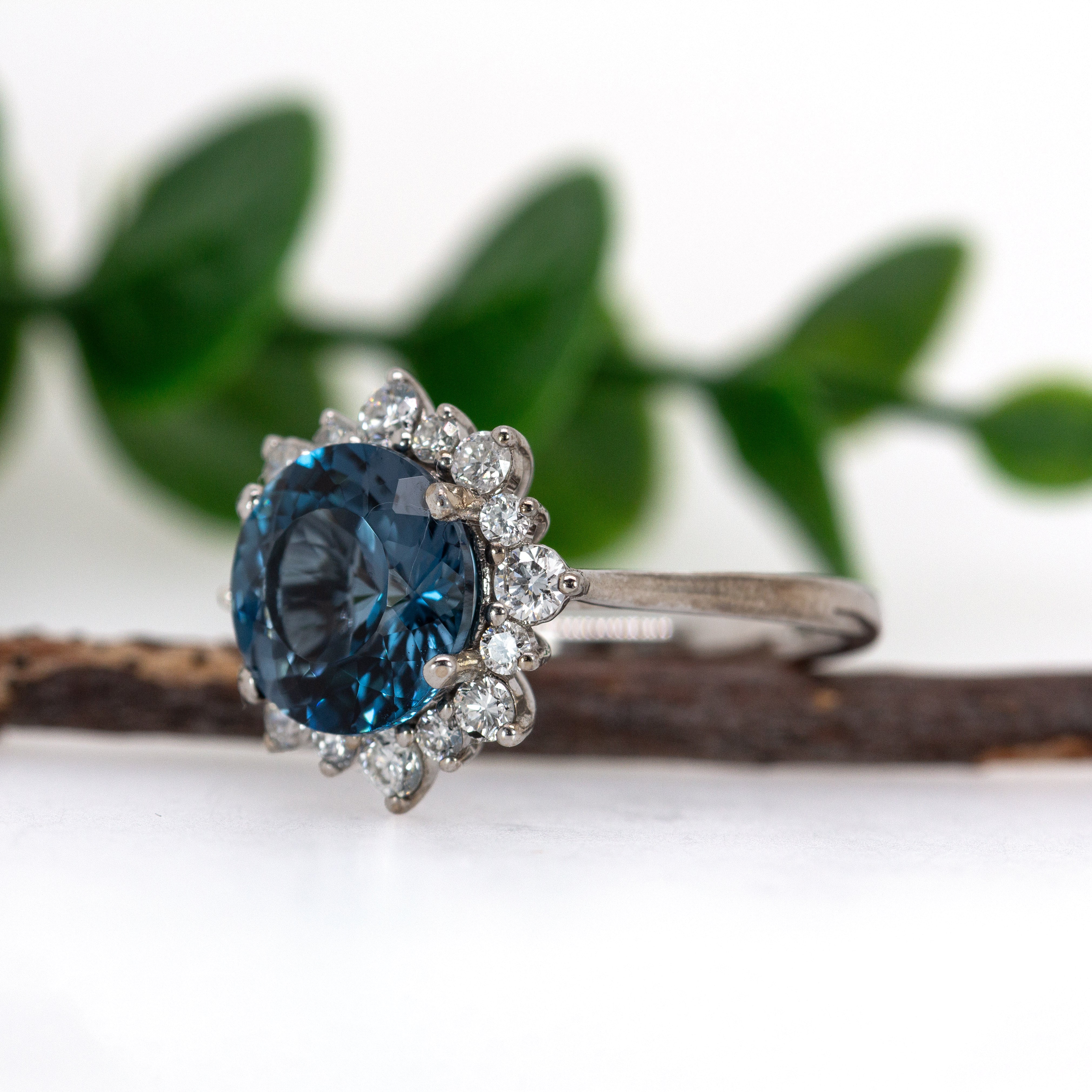 Tanu 14K White Gold 4.05cts London Blue Topaz Diamond Ring | Round 10mm
