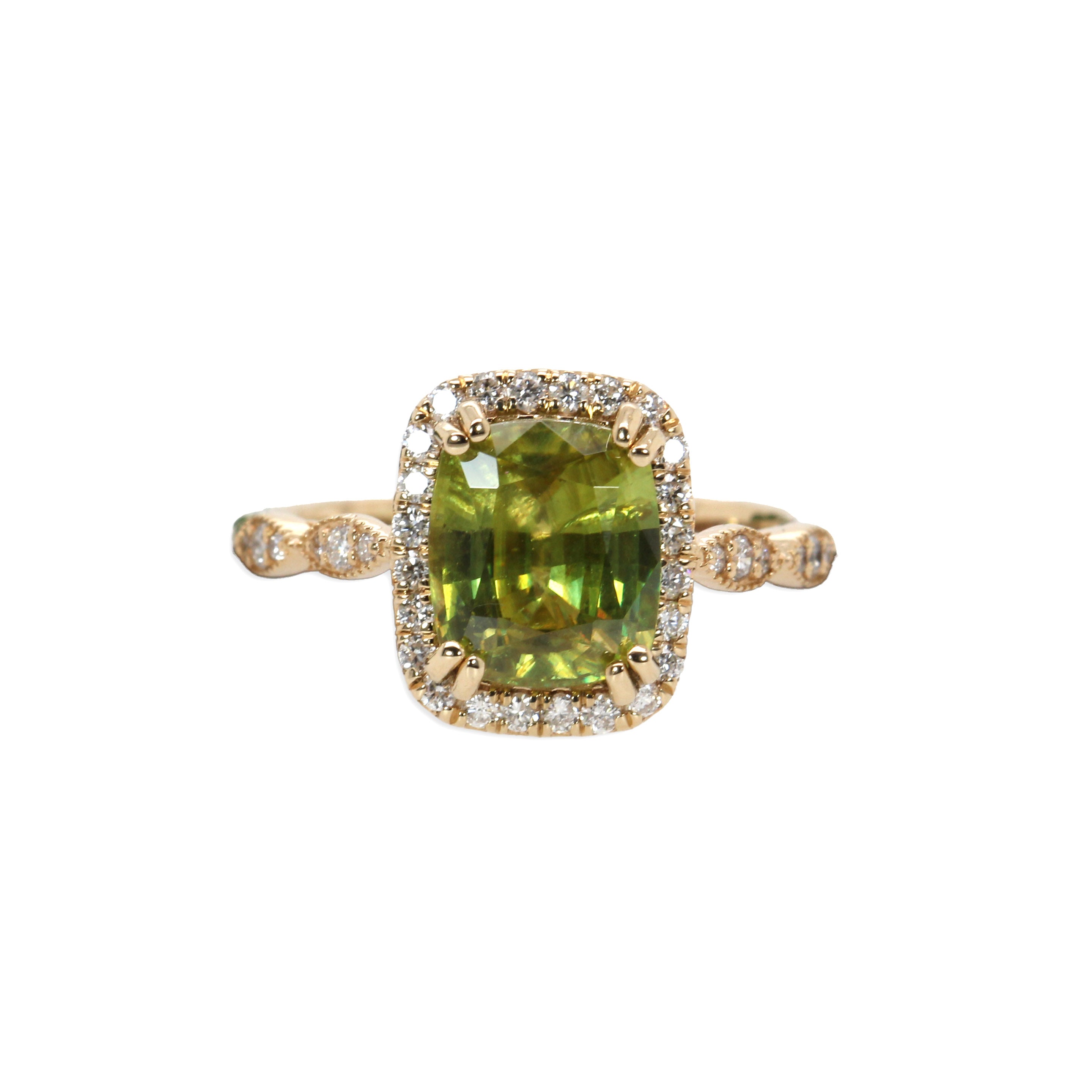 Daksha 14K Yellow Gold 2.7cts Sphene Diamond Ring | Cushion Cut  9x7mm