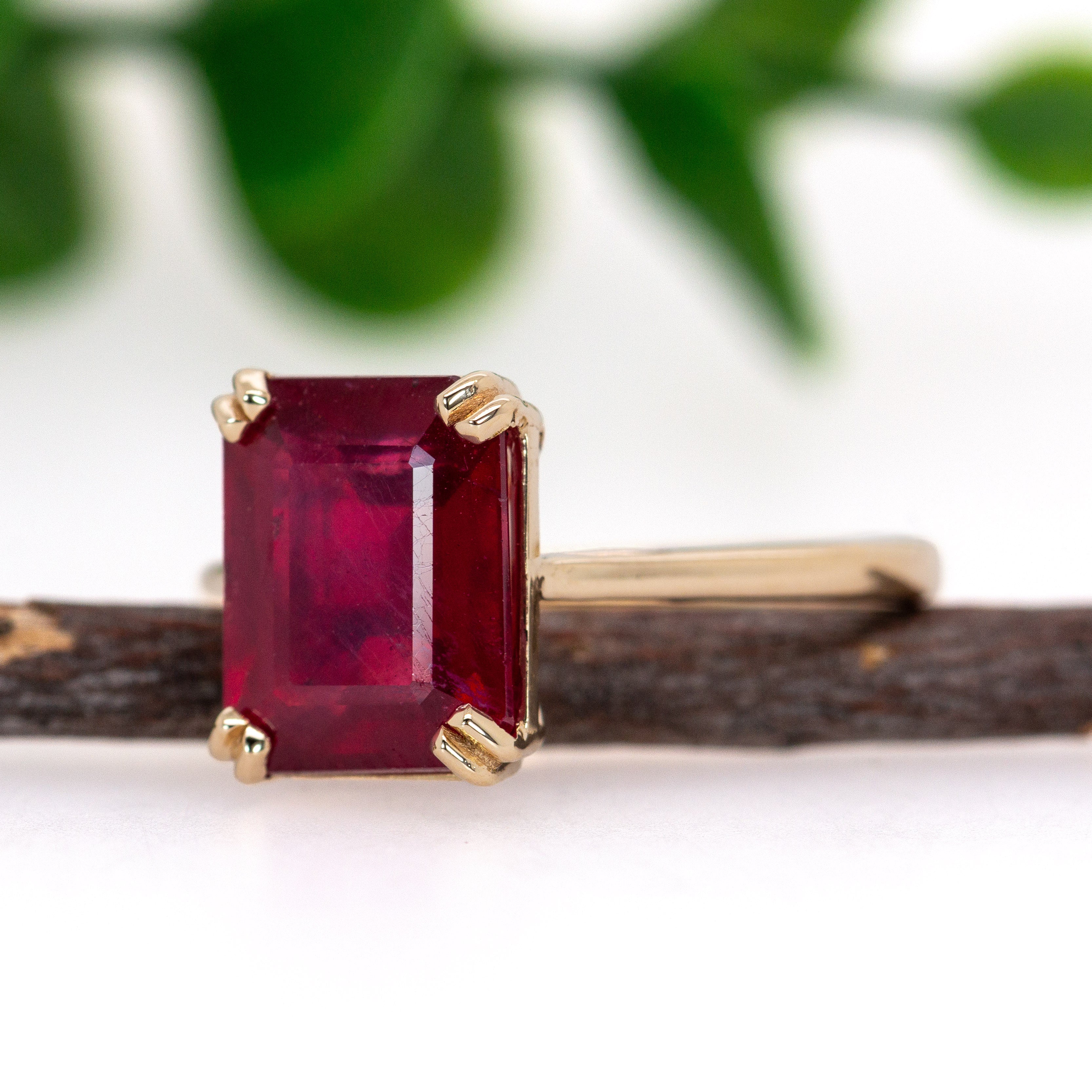 Raha 14K Yellow Gold 4.03cts Ruby Ring | Emerald Cut 9x7mm