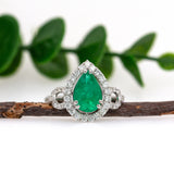 GIA Certified 2.08cts Colombian Emerald Ring w Earth Mined Diamonds in Solid 14K Gold | Pear 10x8mm