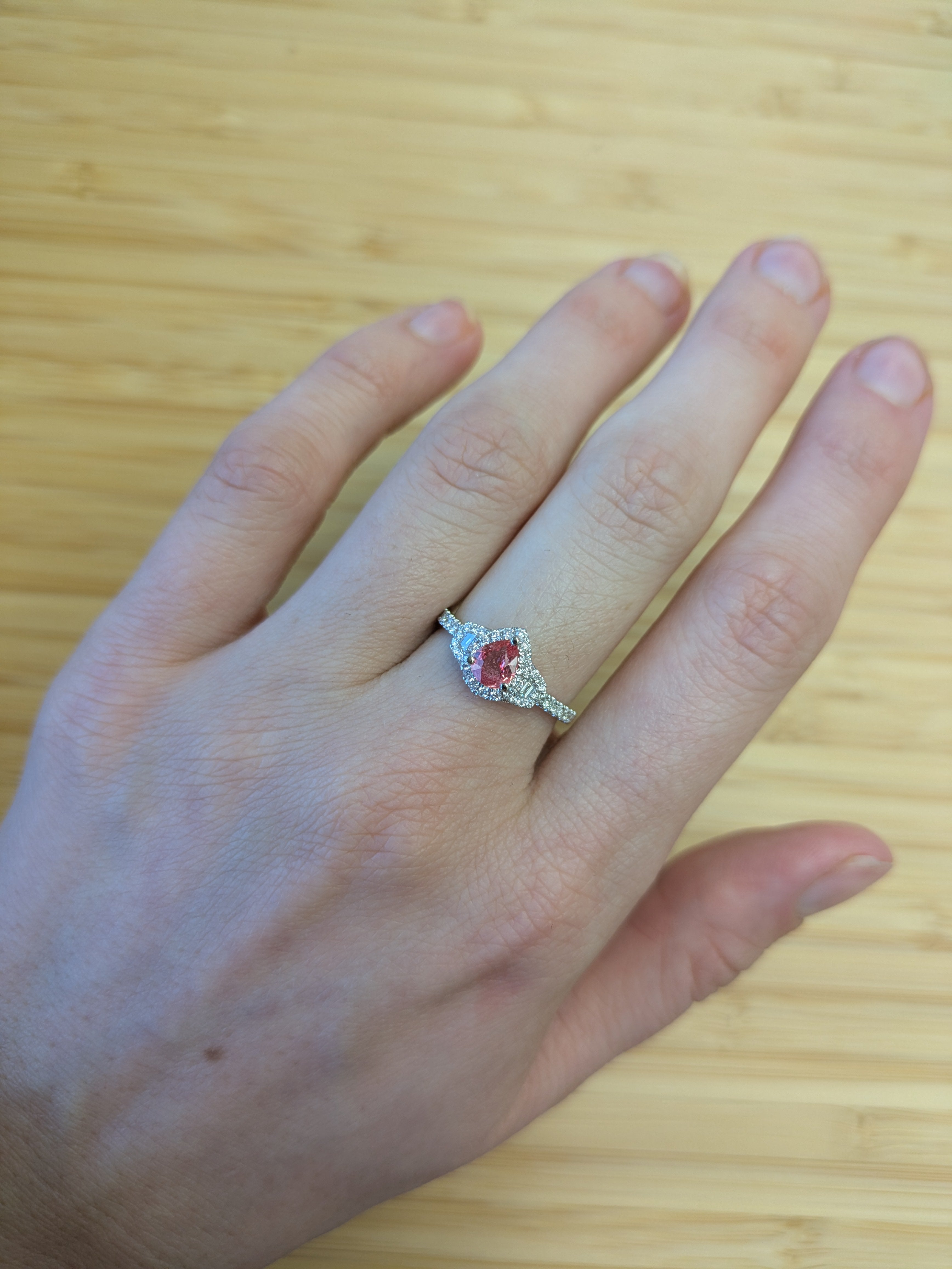 Samira 14K White Gold 0.575cts Padparadscha Sapphire Diamond Ring | Pear Shape 6x4.6mm