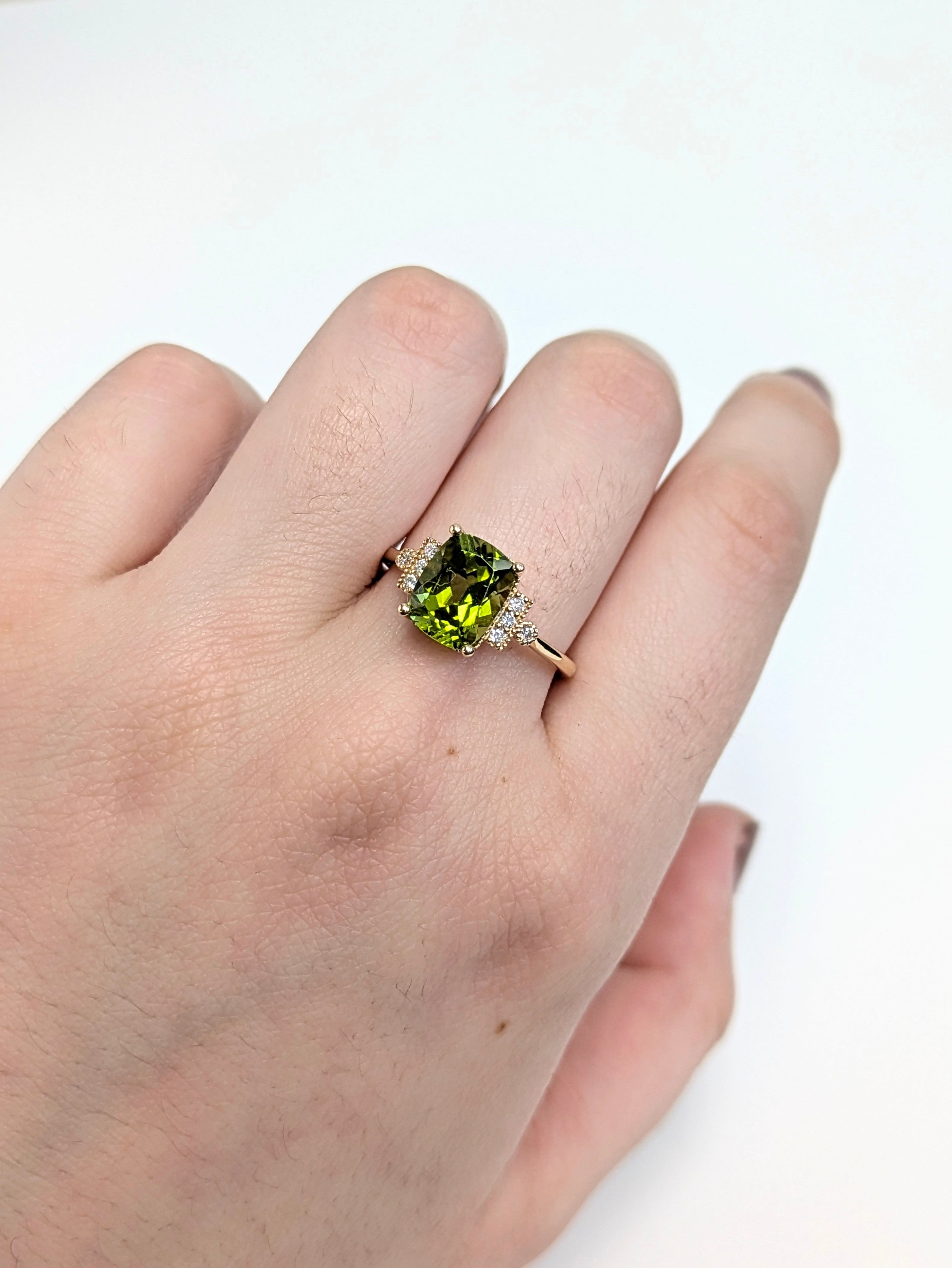 Jessica 14K Yellow Gold 2.64cts Peridot Diamond Ring |  Cushion 9x7mm