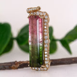10ct Watermelon Tourmaline Pendant 14K Yellow Gold with Natural Earth Mined Diamonds | EM 26.5x8mm