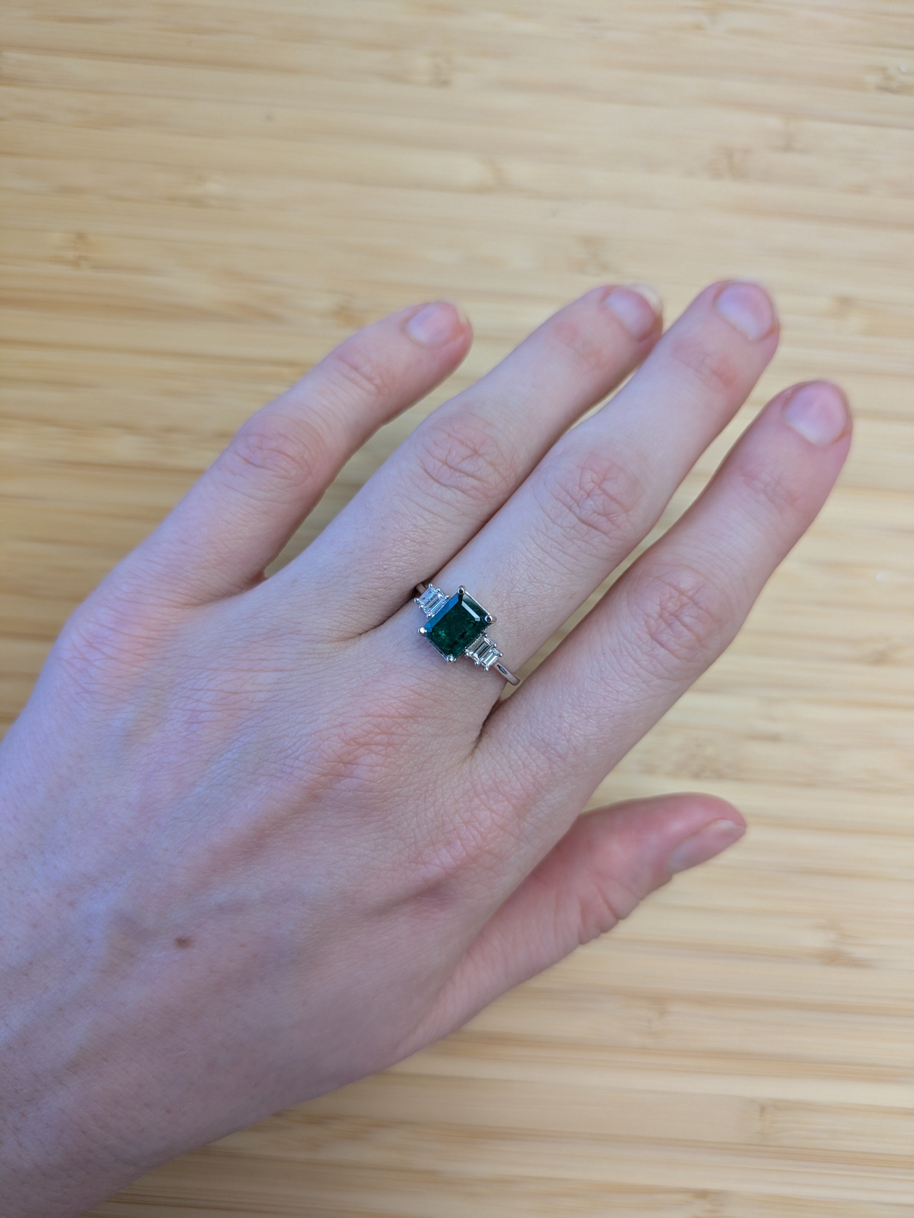 Femila 14K White Gold 1.5cts Zambian Emerald Diamond Ring | Emerald Cut 8x6mm