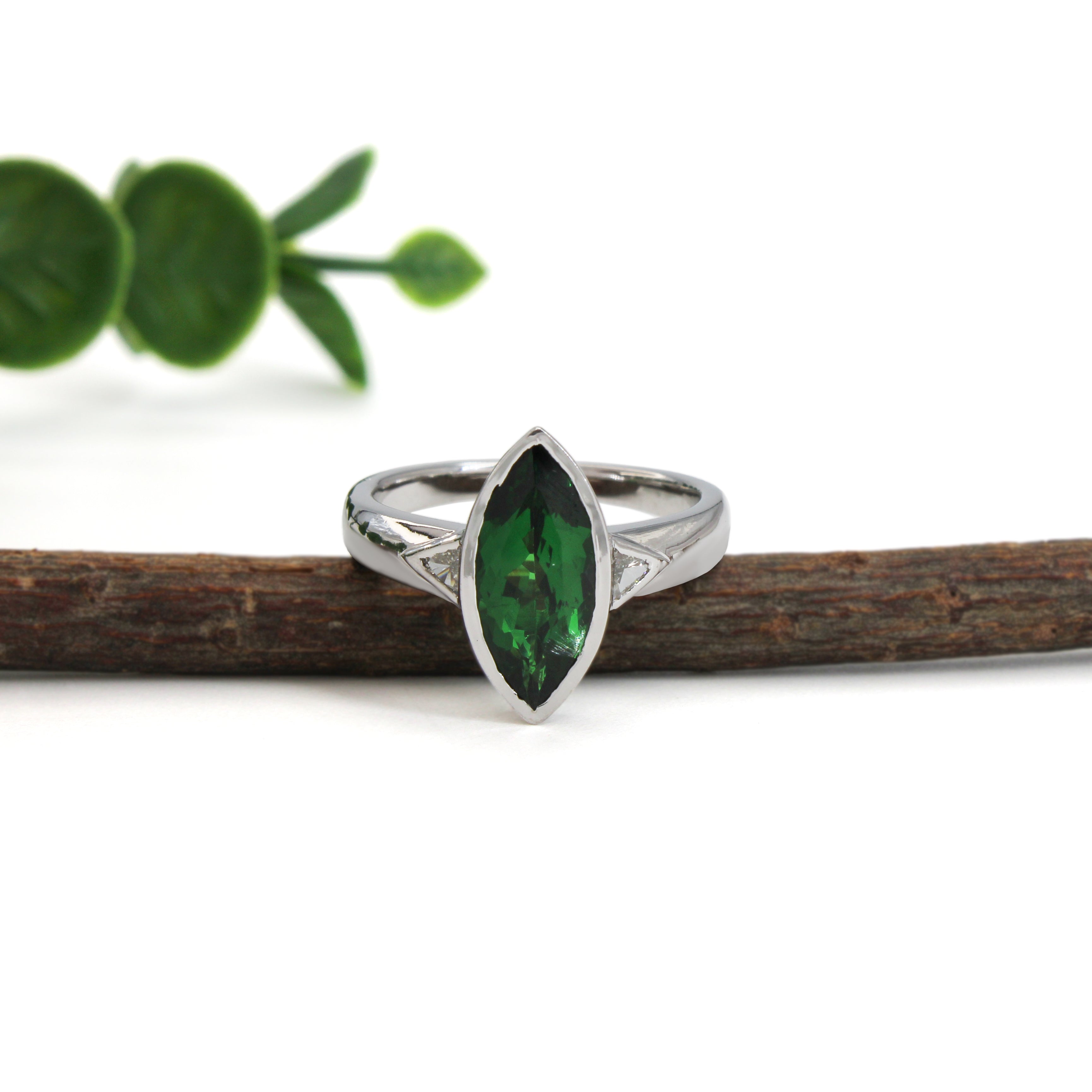 Saksha 14K White Gold 2.84cts Tsavorite Diamond Engagement Ring | Marquise 14X6.5mm