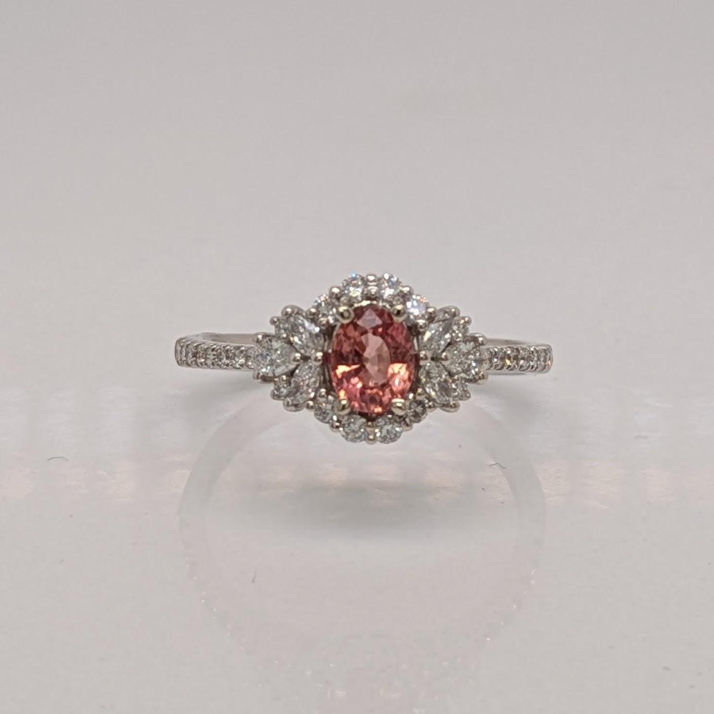Radha 14K White Gold 0.53cts Padparadscha Sapphire Diamond Ring | Oval 5x4mm