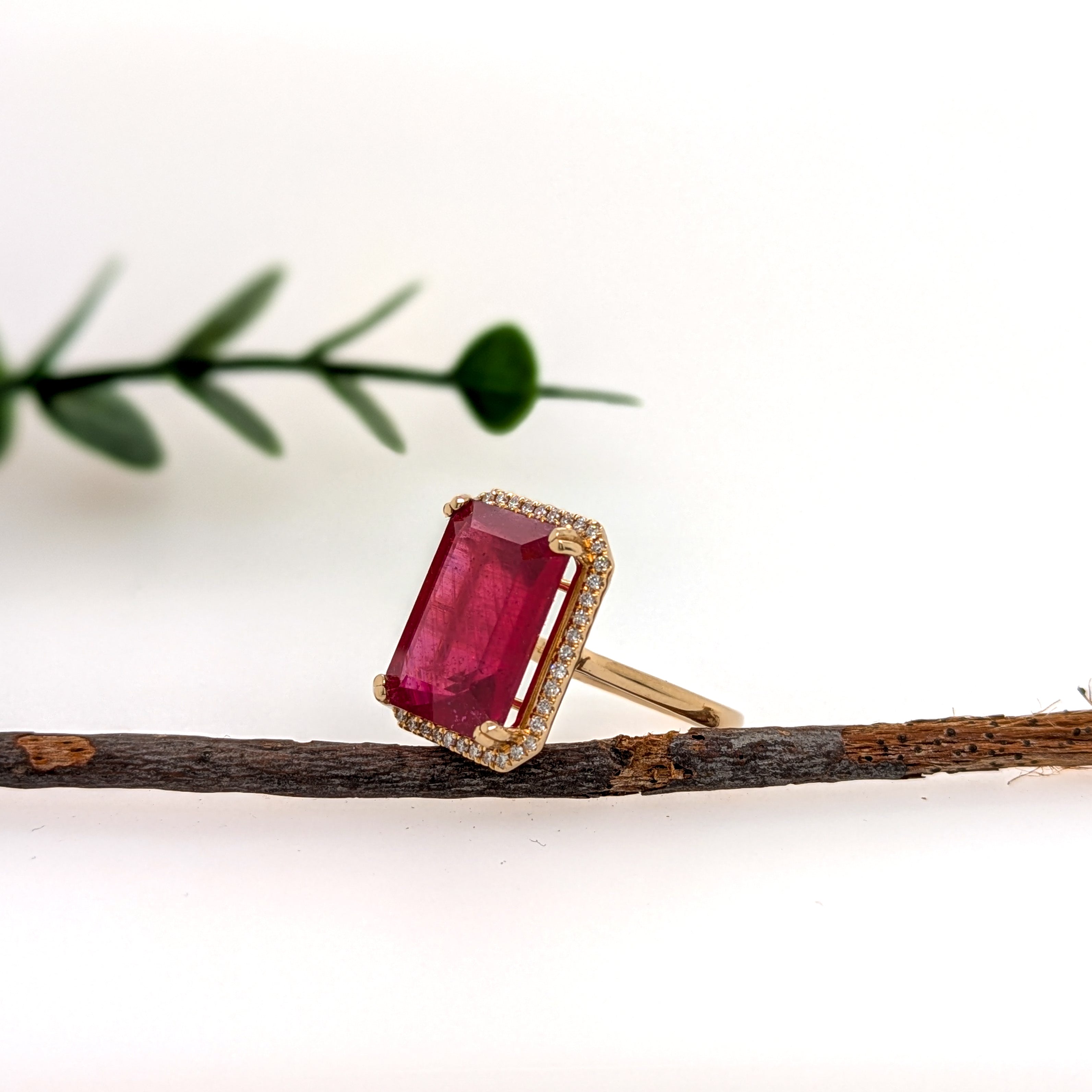 Aadhira 14K Yellow Gold 11.53cts Madagascar Ruby Diamond Ring | Emerald Cut 14x11mm