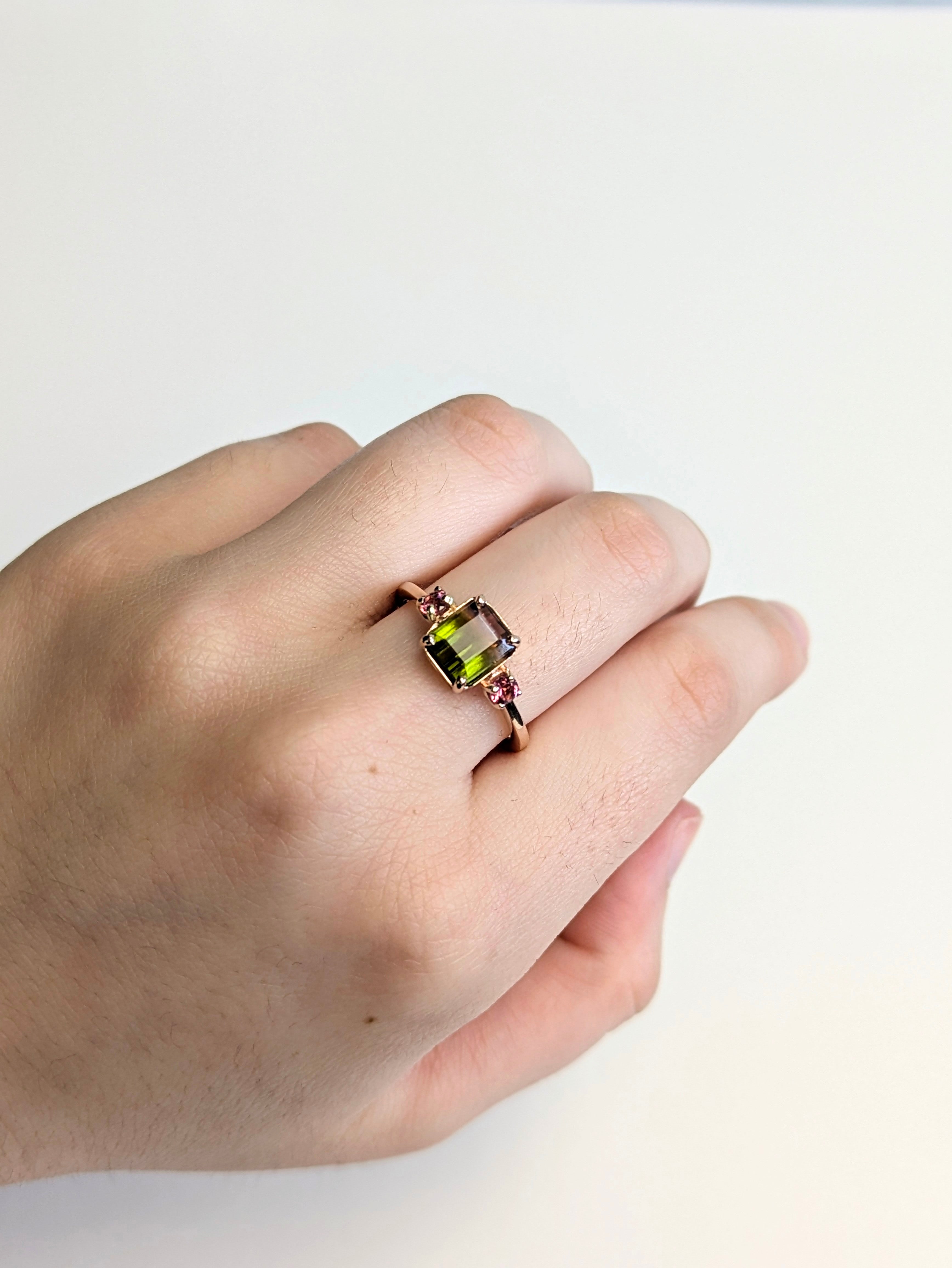 Avila 14K Rose Gold 3.55cts Bi-color Tourmaline Diamond Ring w 3mm Pink Tourmaline Accents | Emerald Cut - 9x6mm