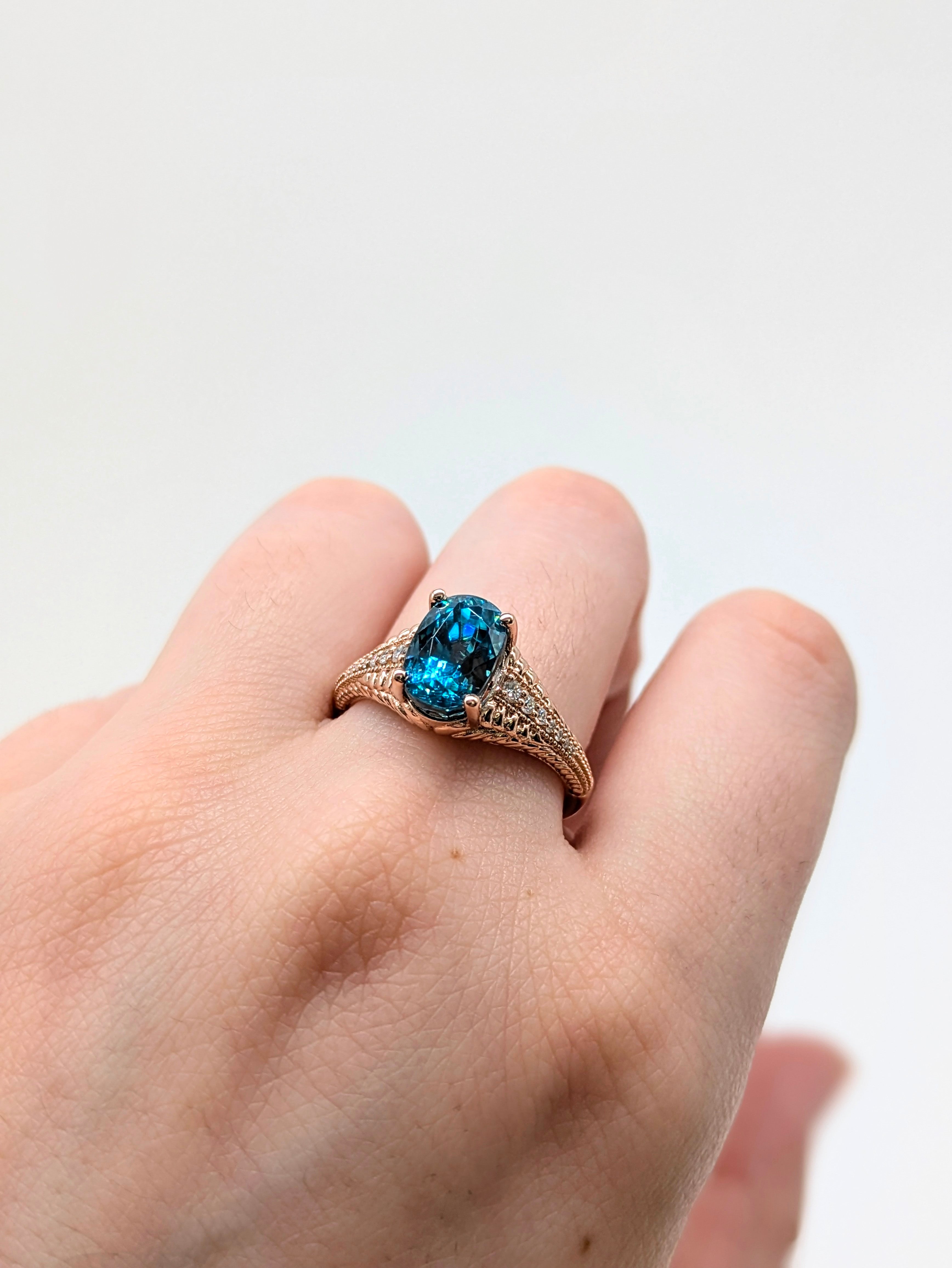 Indu 14K Rose Gold 4.73cts Blue Zircon Diamond Ring | Oval 9x7mm