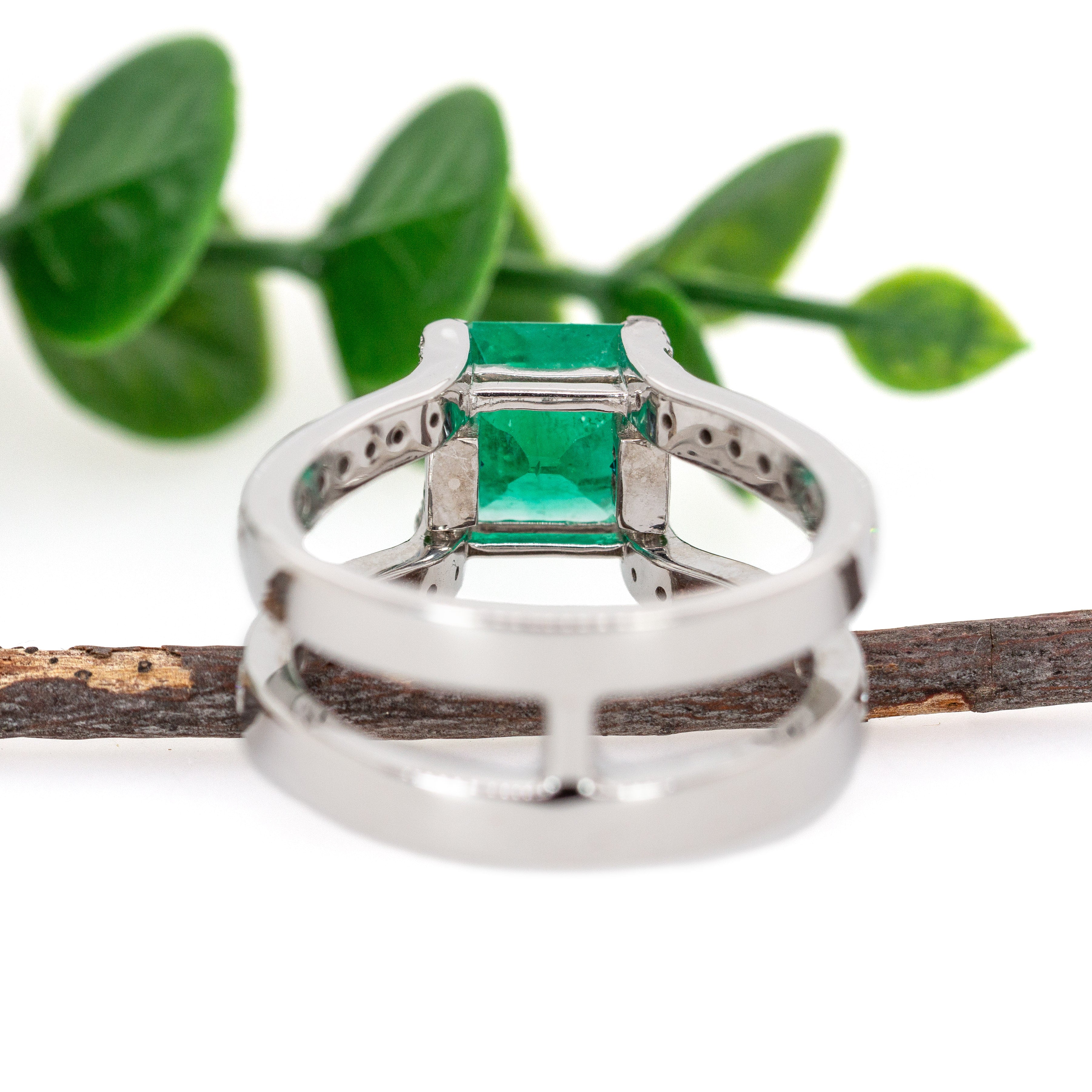 Alena 14K White Gold 2.27cts Colombian Emerald Diamond Ring | Asscher 9mm