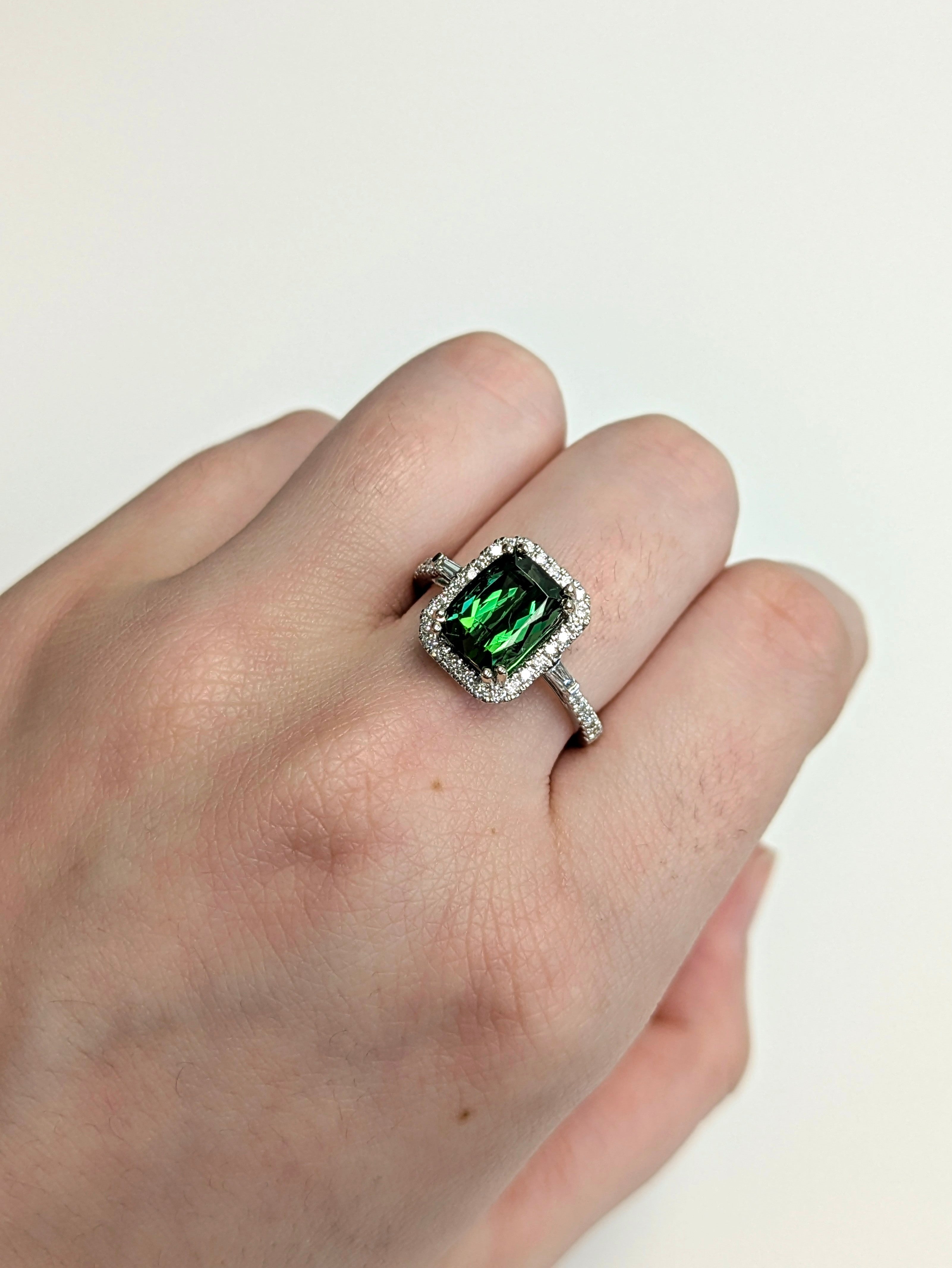 Alka 14K White Gold 2.59cts Indicolite Tourmaline Diamond Ring | Emerald Cut 9x7mm