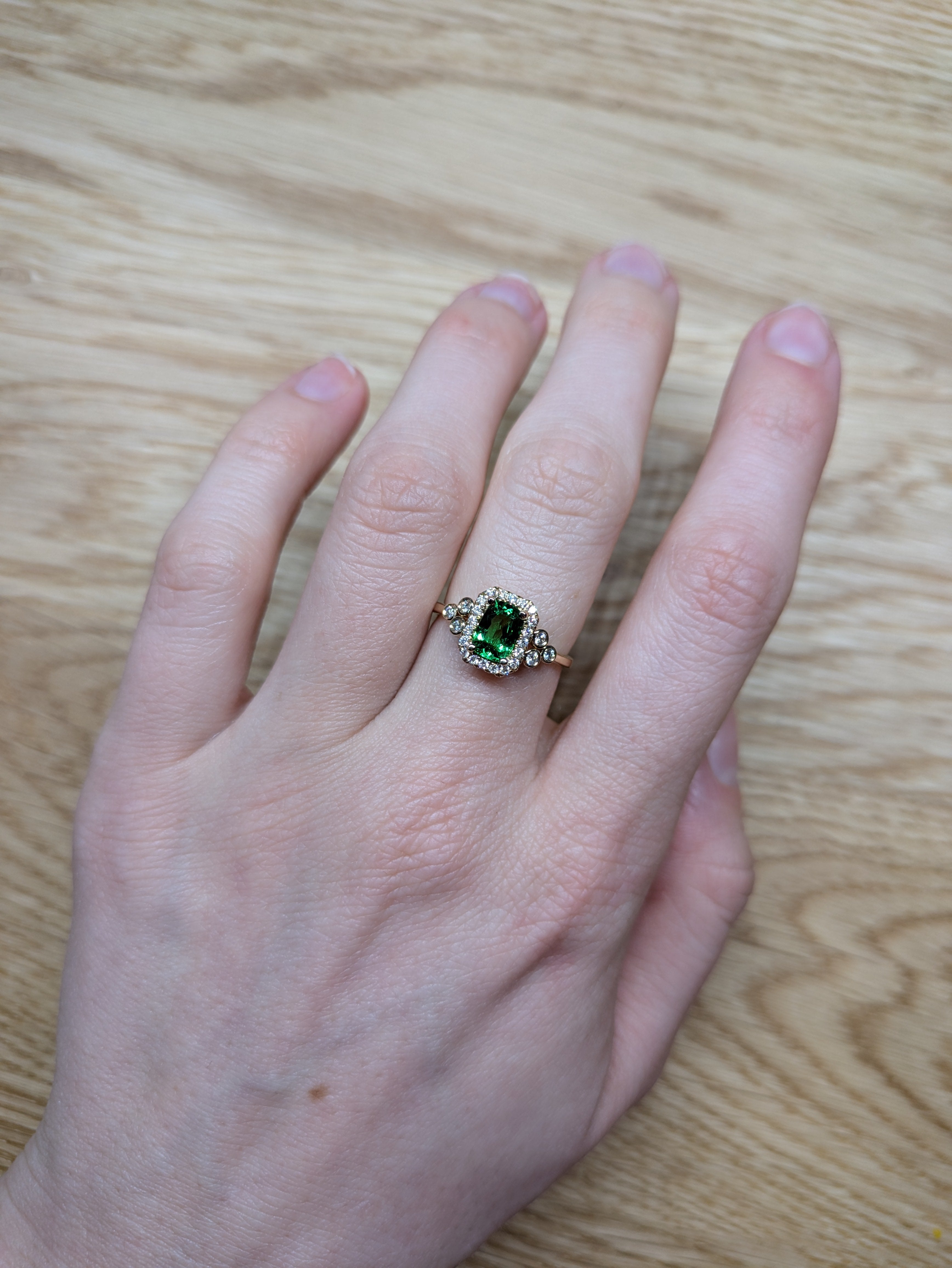 Nivi 14K Yellow Gold 0.82cts Rare Tsavorite Garnet Diamond Ring | Cushion 7x5mm