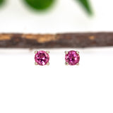14K Solid Gold Pink Tourmaline Solitaire Studs | Round 3mm