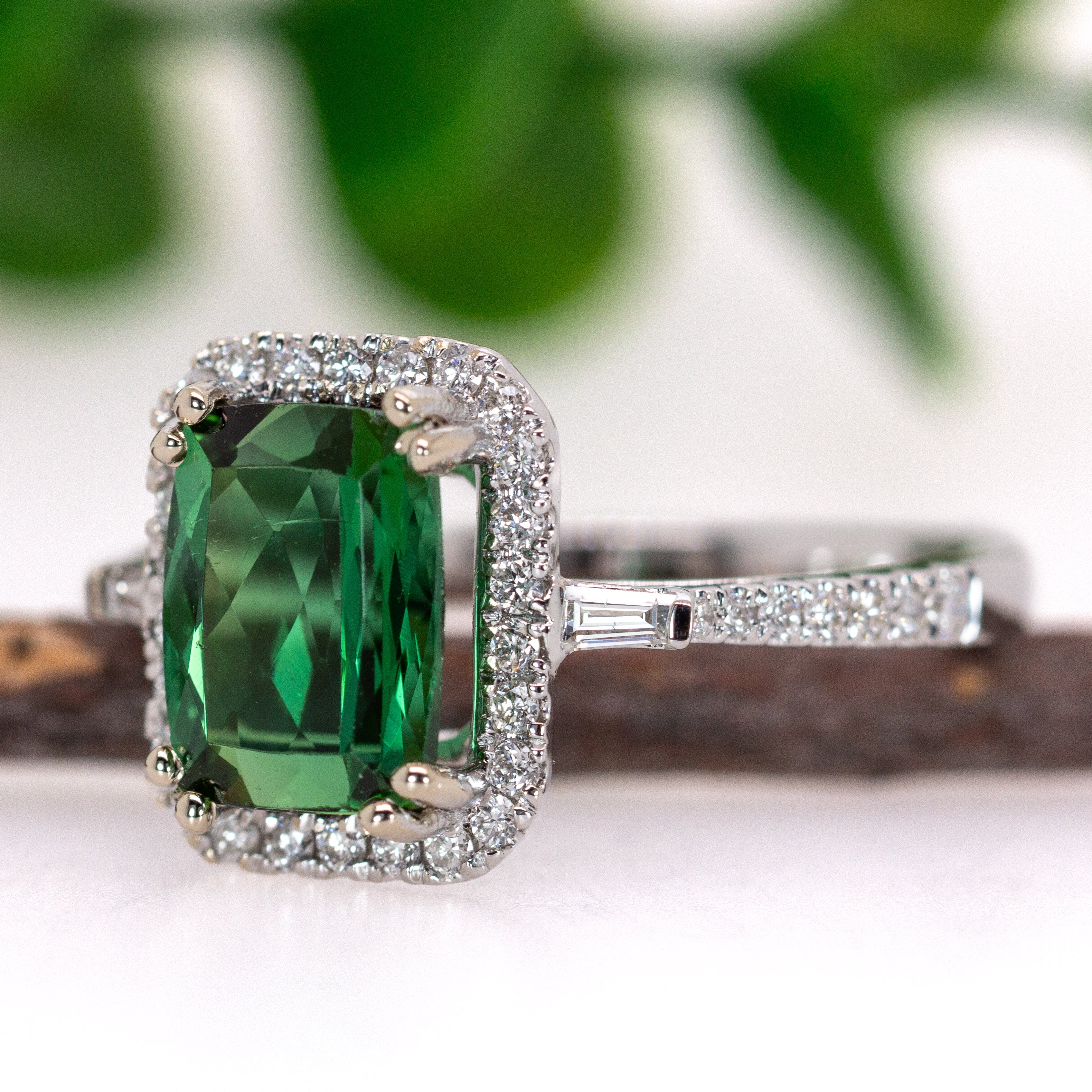 Alka 14K White Gold 2.59cts Indicolite Tourmaline Diamond Ring | Emerald Cut 9x7mm