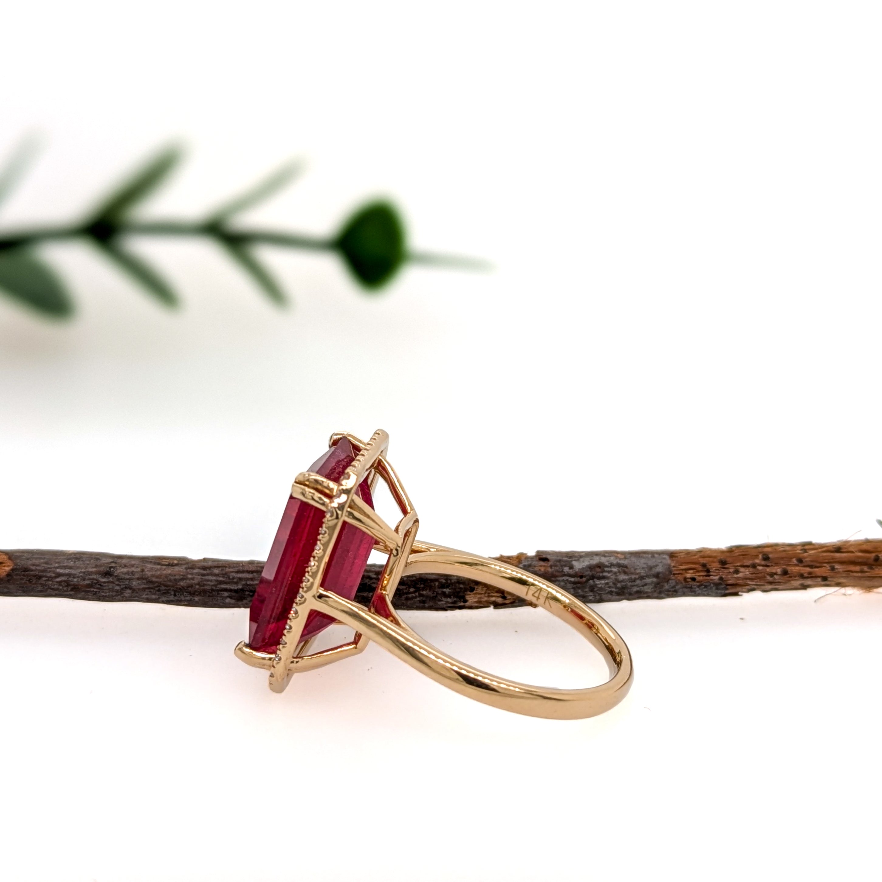 Aadhira 14K Yellow Gold 11.53cts Madagascar Ruby Diamond Ring | Emerald Cut 14x11mm
