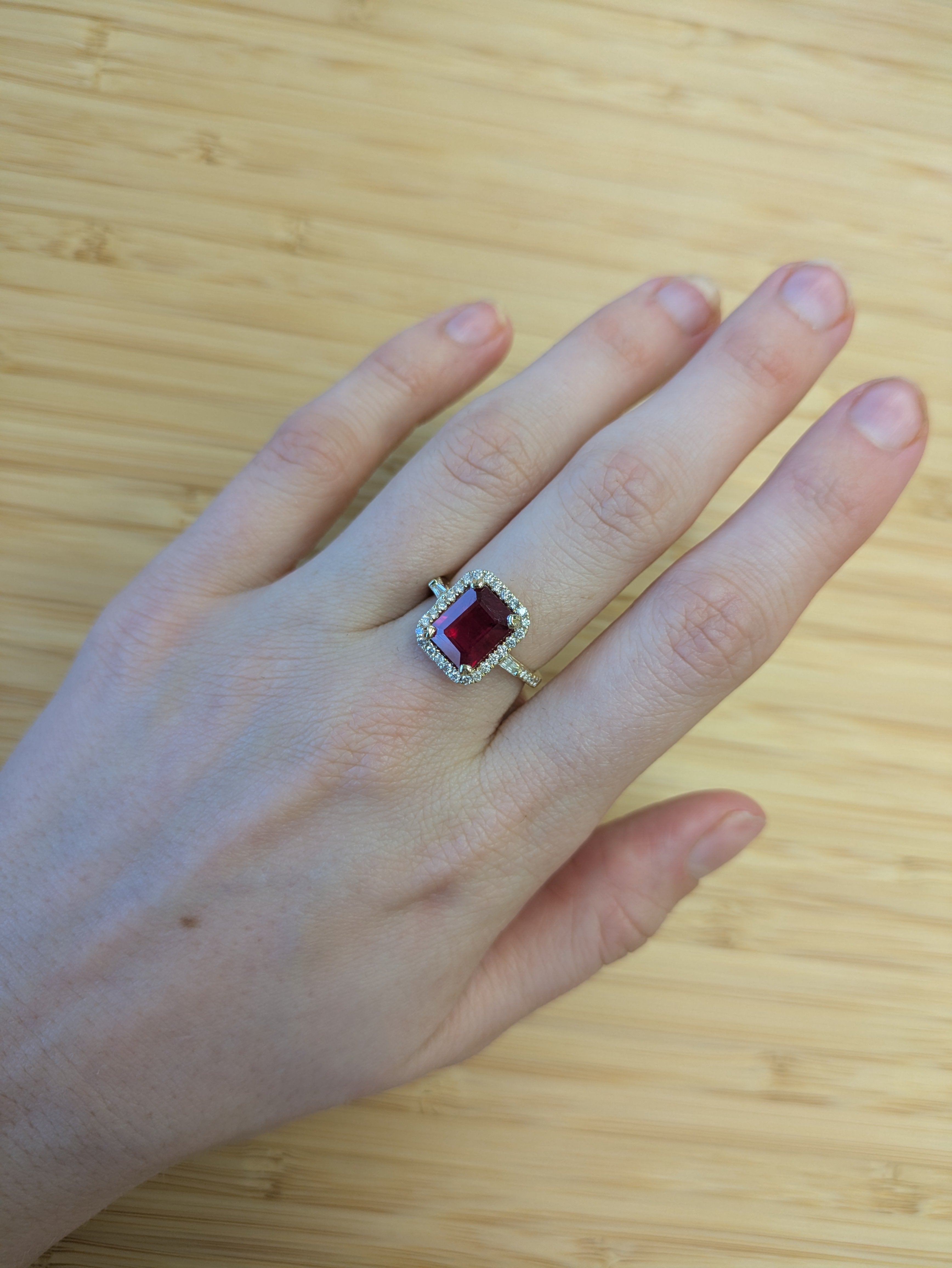 Alma 14K Yellow Gold 4.25cts Madagascar Ruby Diamond Ring | Emerald Cut 10x8mm