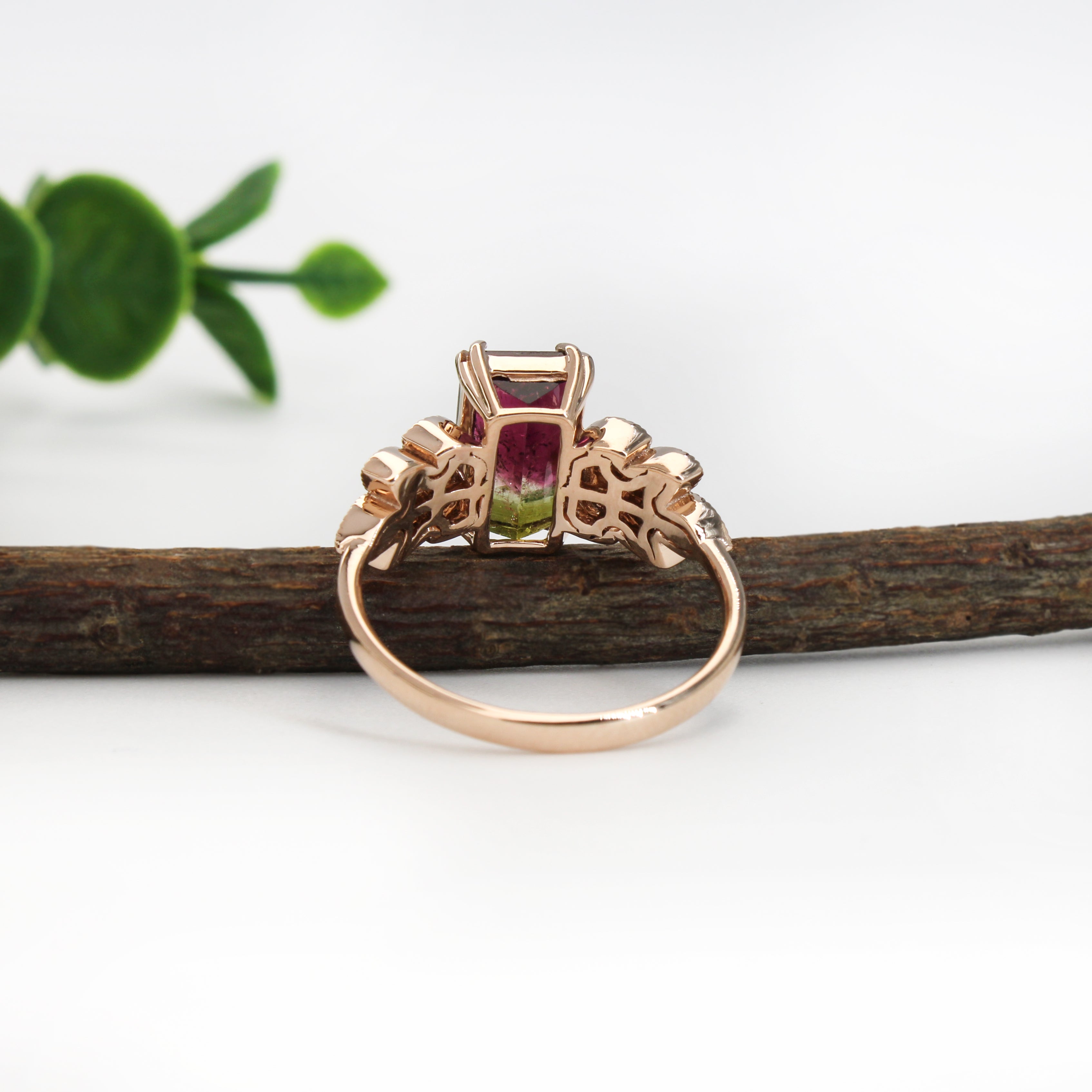 adny 14k rose gold 2.61cts bi-color tourmaline diamond ring | emerald cut 10.3x6.2mm