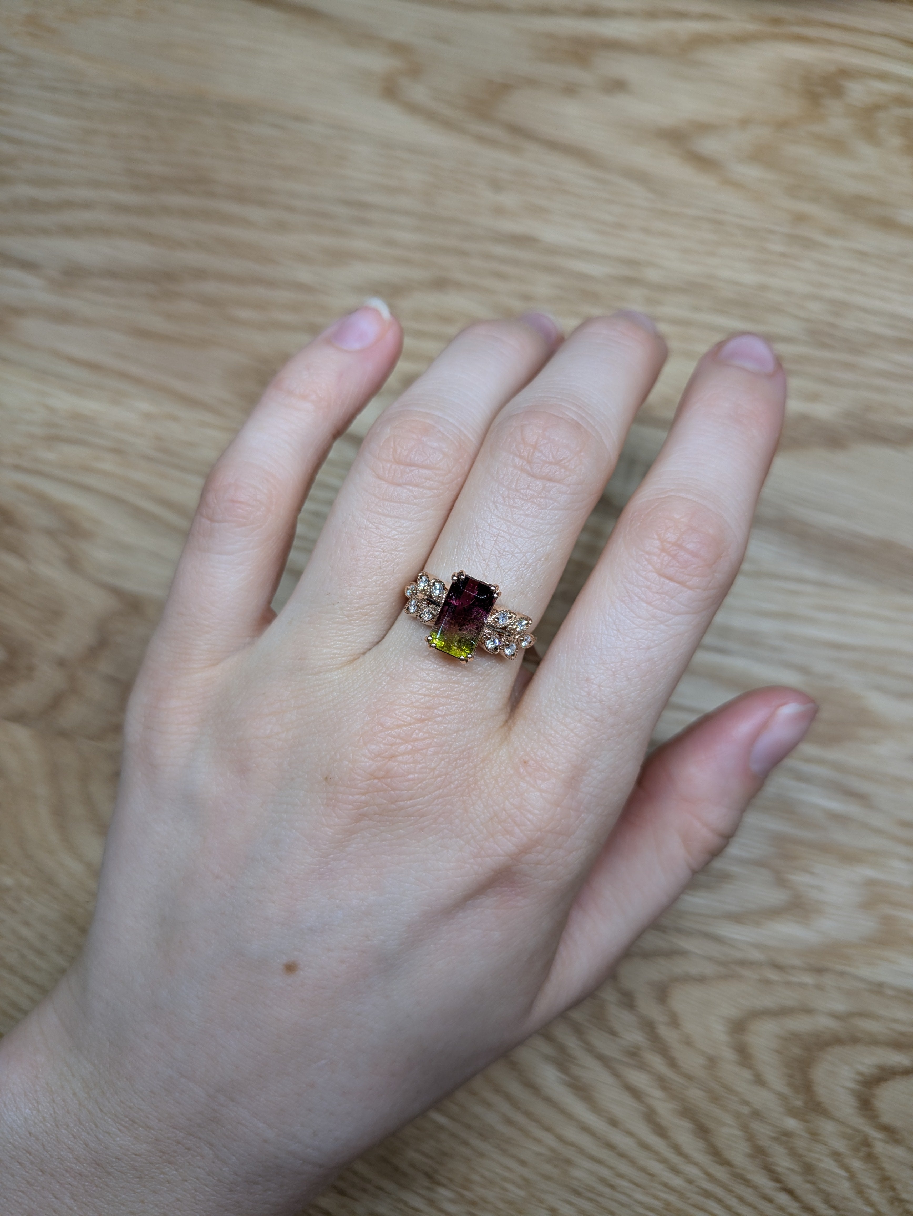 adny 14k rose gold 2.61cts bi-color tourmaline diamond ring | emerald cut 10.3x6.2mm
