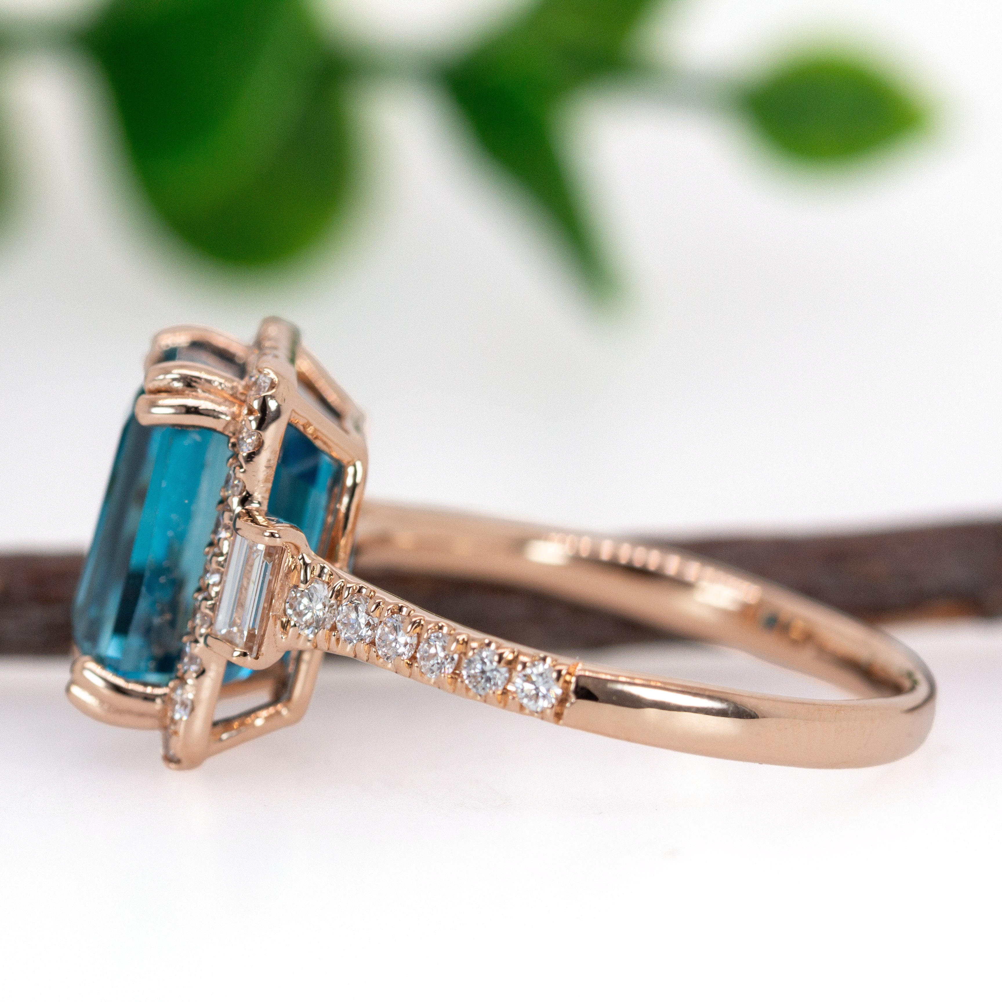 Tanvi 14K Rose Gold 6.68cts Blue Zircon Diamond Ring | Emerald Cut 9.5x7mm