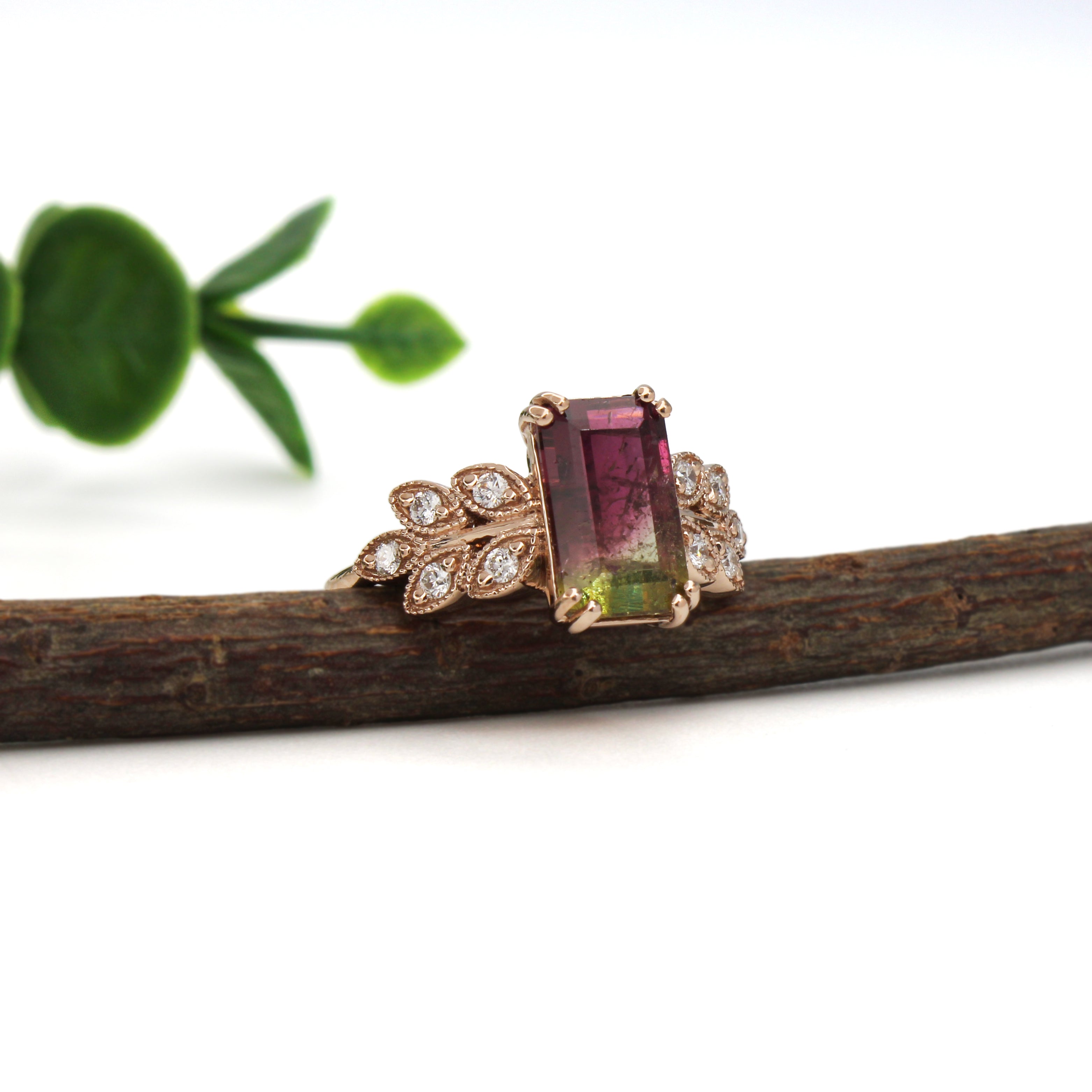 adny 14k rose gold 2.61cts bi-color tourmaline diamond ring | emerald cut 10.3x6.2mm