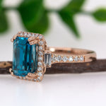 Tanvi 14K Rose Gold 6.68cts Blue Zircon Diamond Ring | Emerald Cut 9.5x7mm