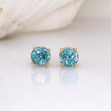 Saffira Electric Blue Zircon Stud Earrings: 14k Solid Gold,  Round 5mm