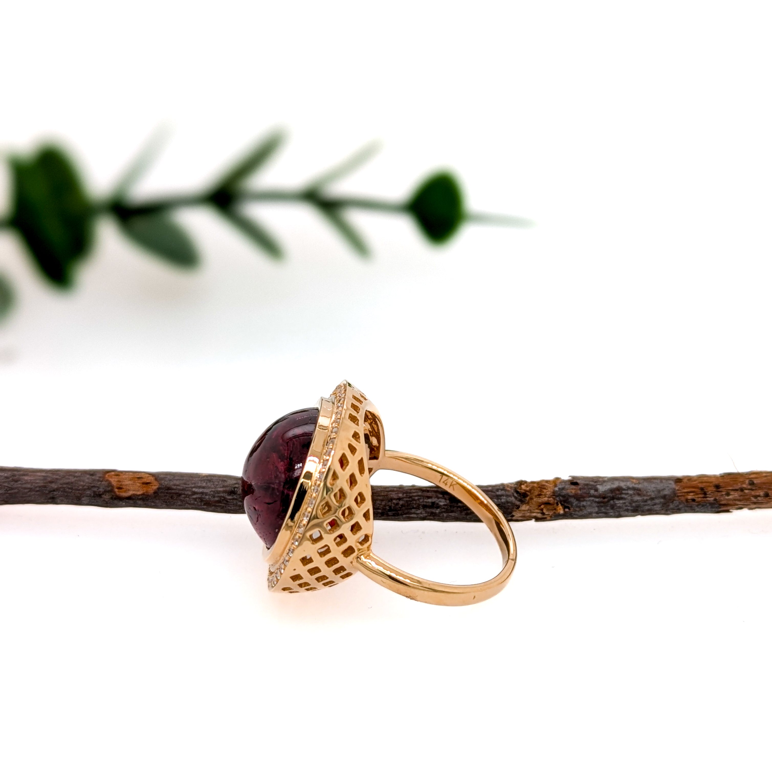 Mona 14K Yellow Gold 11.3cts Rubellite Tourmaline Diamond Halo Ring | Oval 16.5x13mm