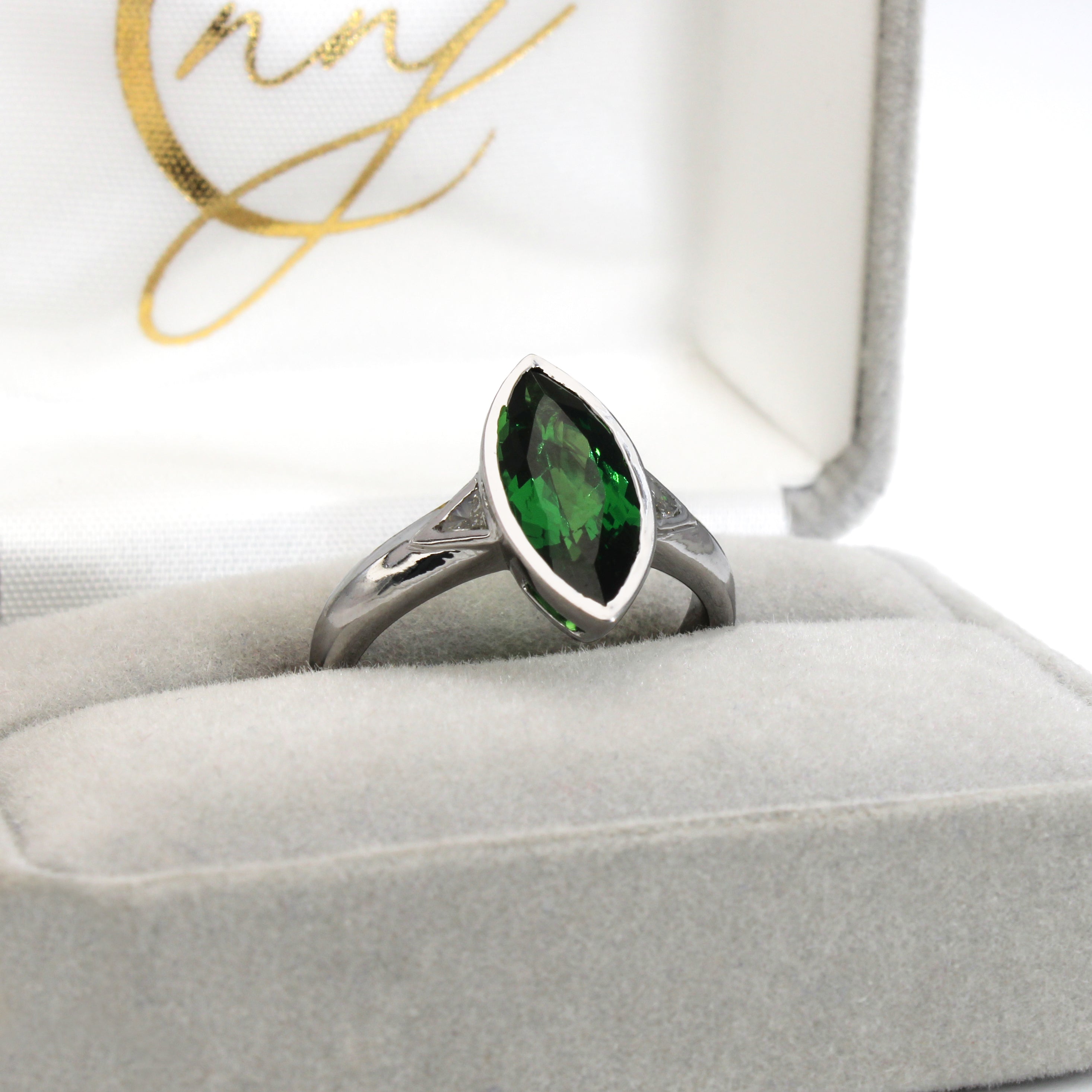 Saksha 14K White Gold 2.84cts Tsavorite Diamond Engagement Ring | Marquise 14X6.5mm