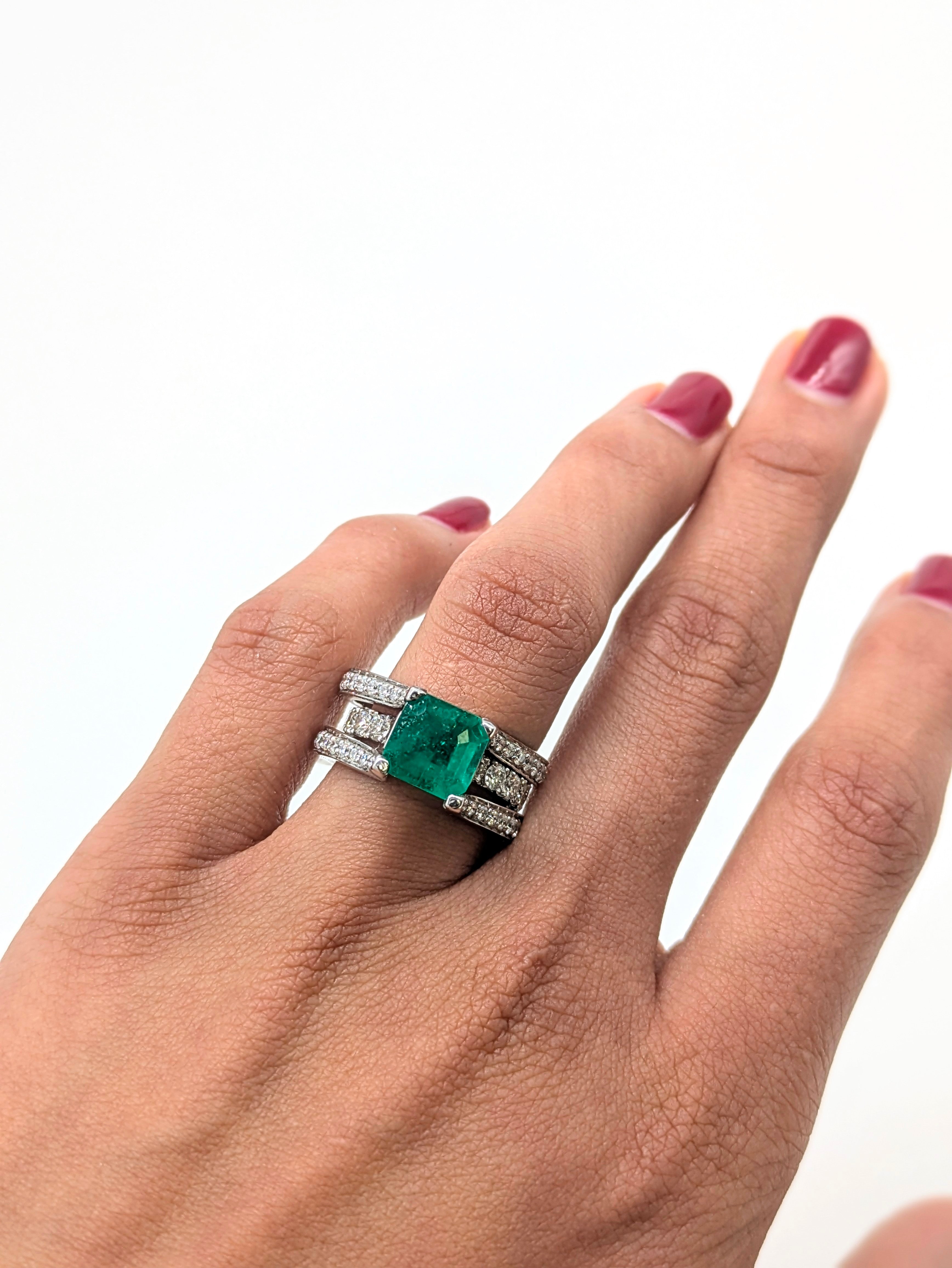 Alena 14K White Gold 2.27cts Colombian Emerald Diamond Ring | Asscher 9mm