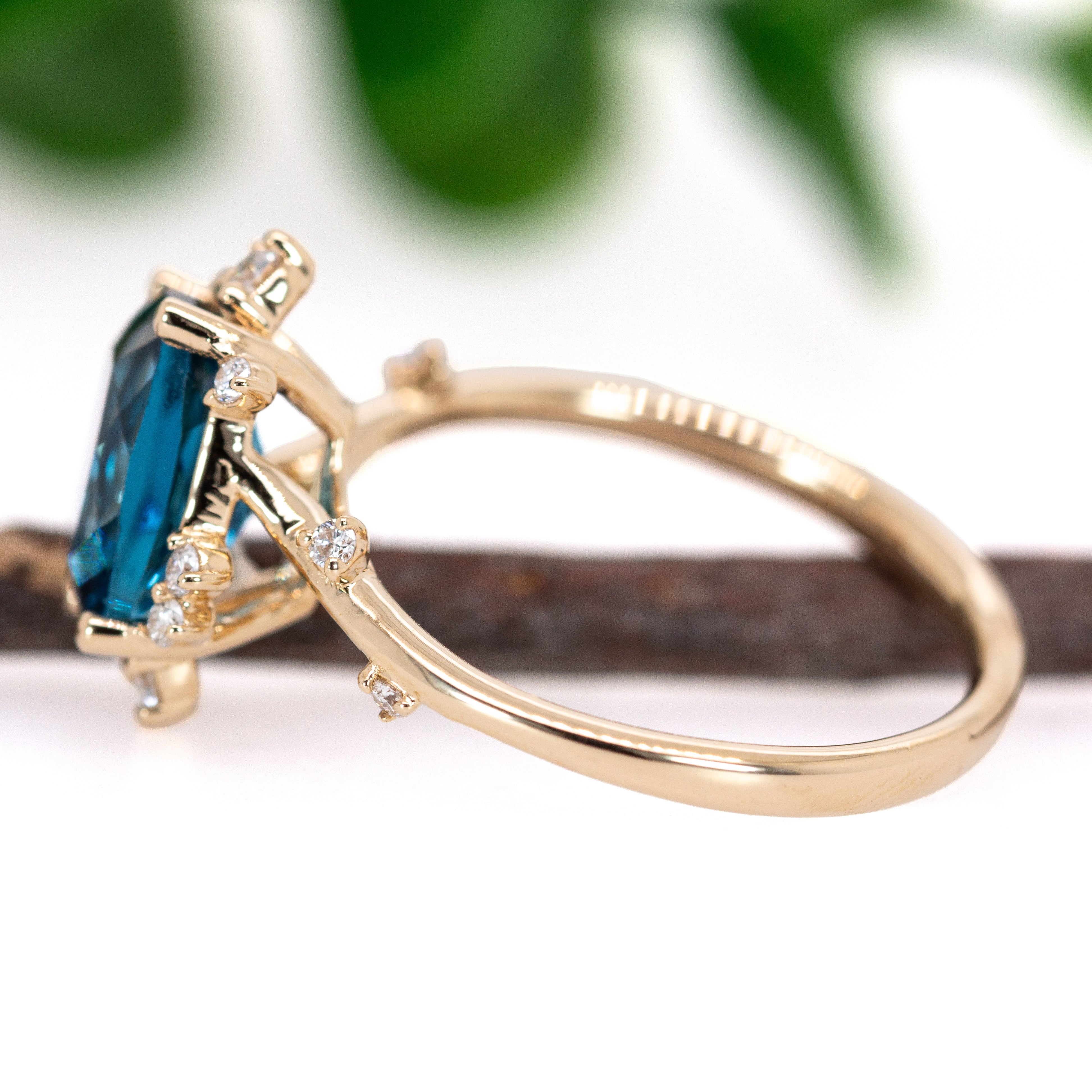 Llyas 14K Yellow Gold 2.55cts London Blue Topaz Diamond Ring | Cushion 9x7mm