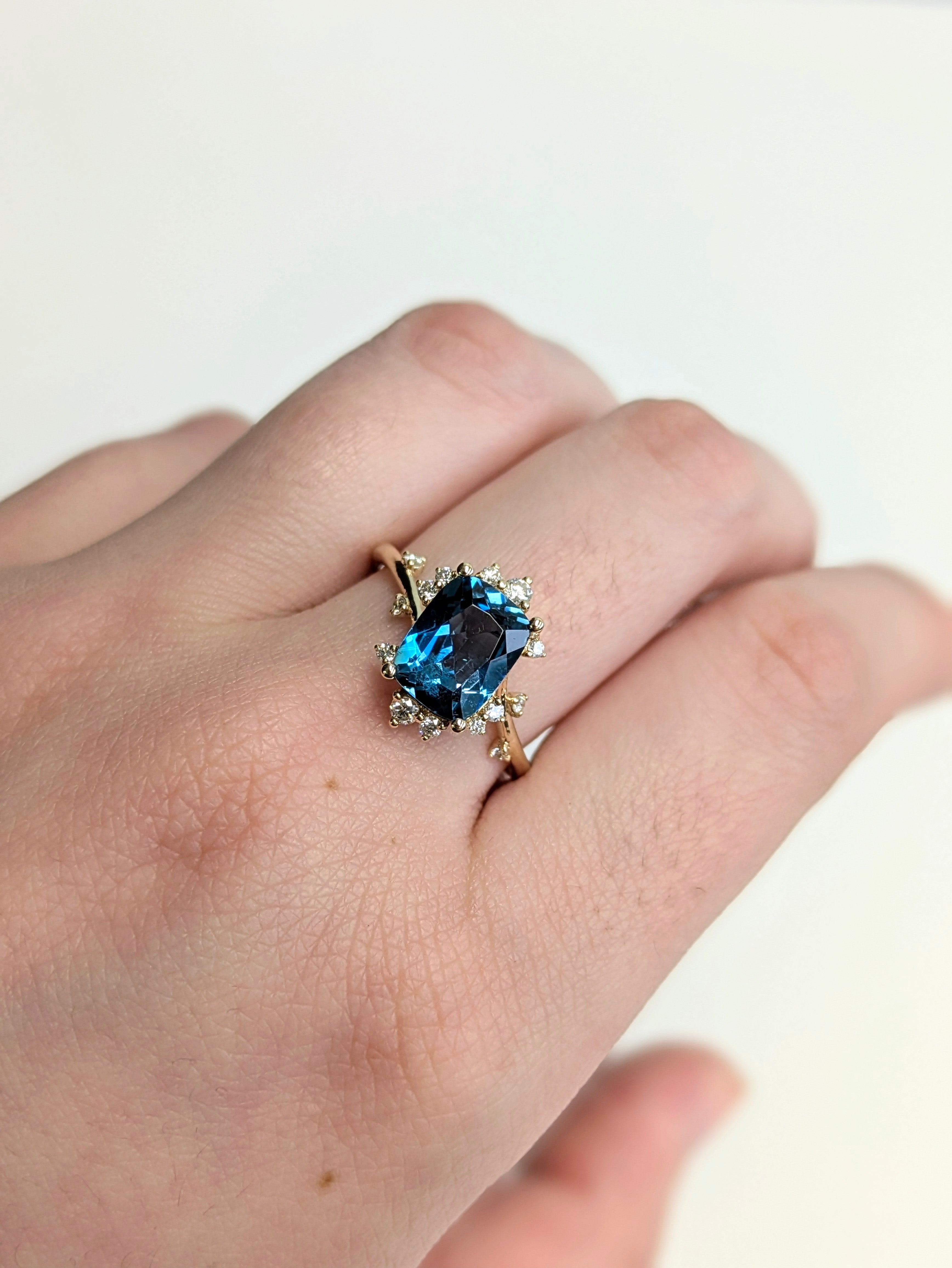 Llyas 14K Yellow Gold 2.55cts London Blue Topaz Diamond Ring | Cushion 9x7mm