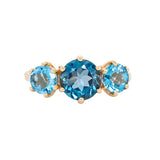 Aveline 14k Solid Gold London Blue Topaz Ring, Three Stone Setting | Round 8mm