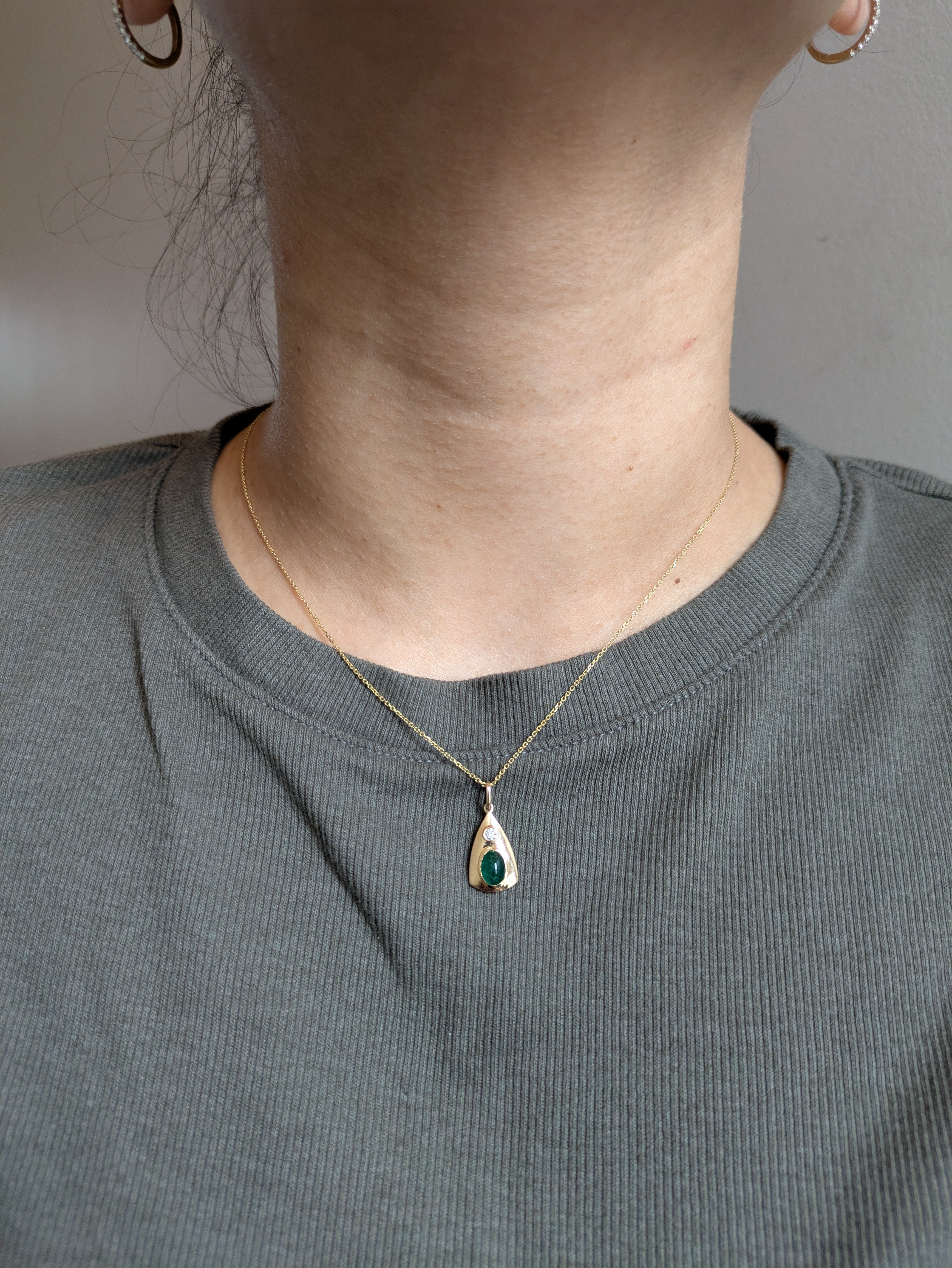 Danya 14K Yellow Gold 0.93cts Cabochon Emerald Diamond Pendant | Oval 7x5mm