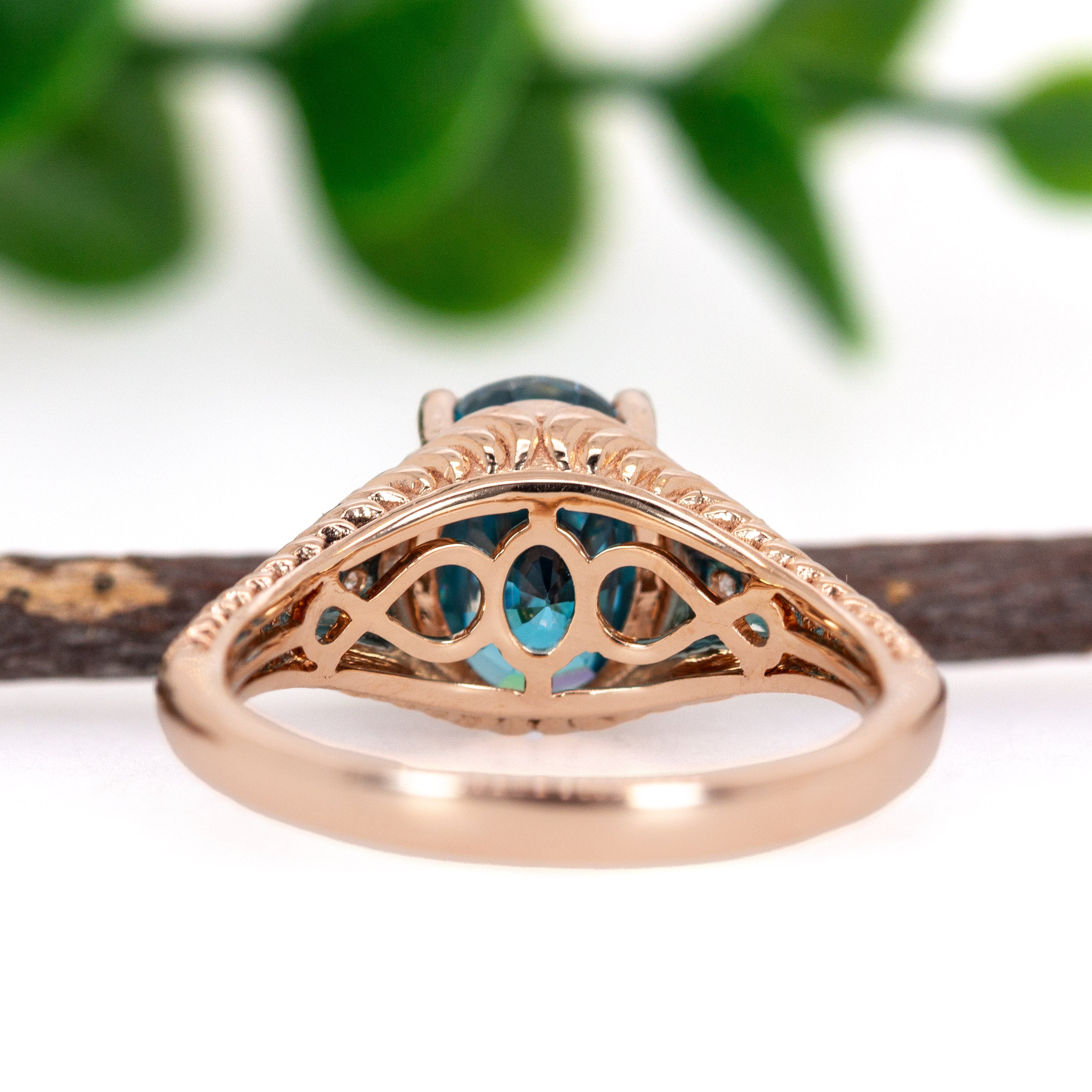 Indu 14K Rose Gold 4.73cts Blue Zircon Diamond Ring | Oval 9x7mm