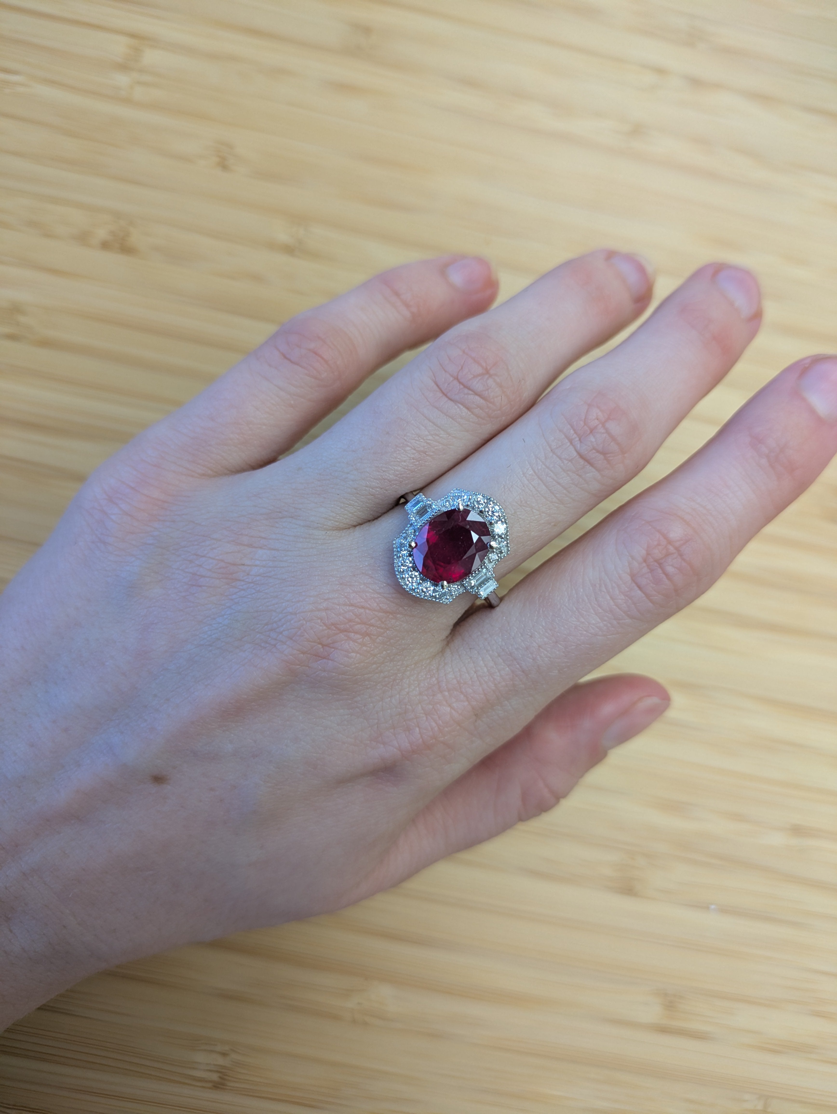 Nitya 14K White Gold 5.08cts Madagascar Ruby Diamond Ring | Oval 11x9mm