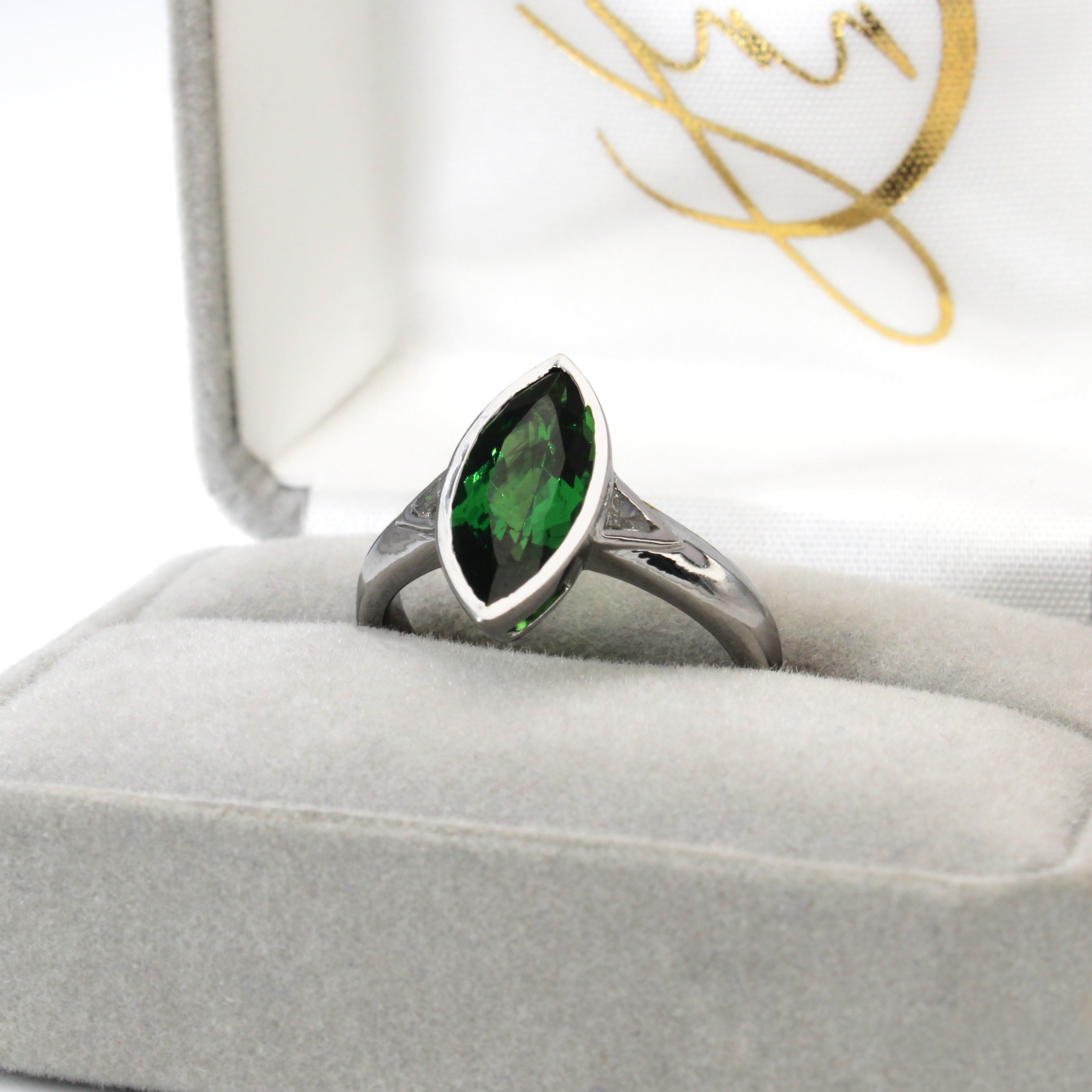 Saksha 14K White Gold 2.84cts Tsavorite Diamond Engagement Ring | Marquise 14X6.5mm