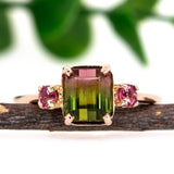 Avila 14K Rose Gold 3.55cts Bi-color Tourmaline Diamond Ring w 3mm Pink Tourmaline Accents | Emerald Cut - 9x6mm