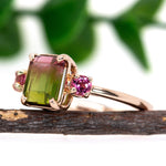 Avila 14K Rose Gold 3.55cts Bi-color Tourmaline Diamond Ring w 3mm Pink Tourmaline Accents | Emerald Cut - 9x6mm