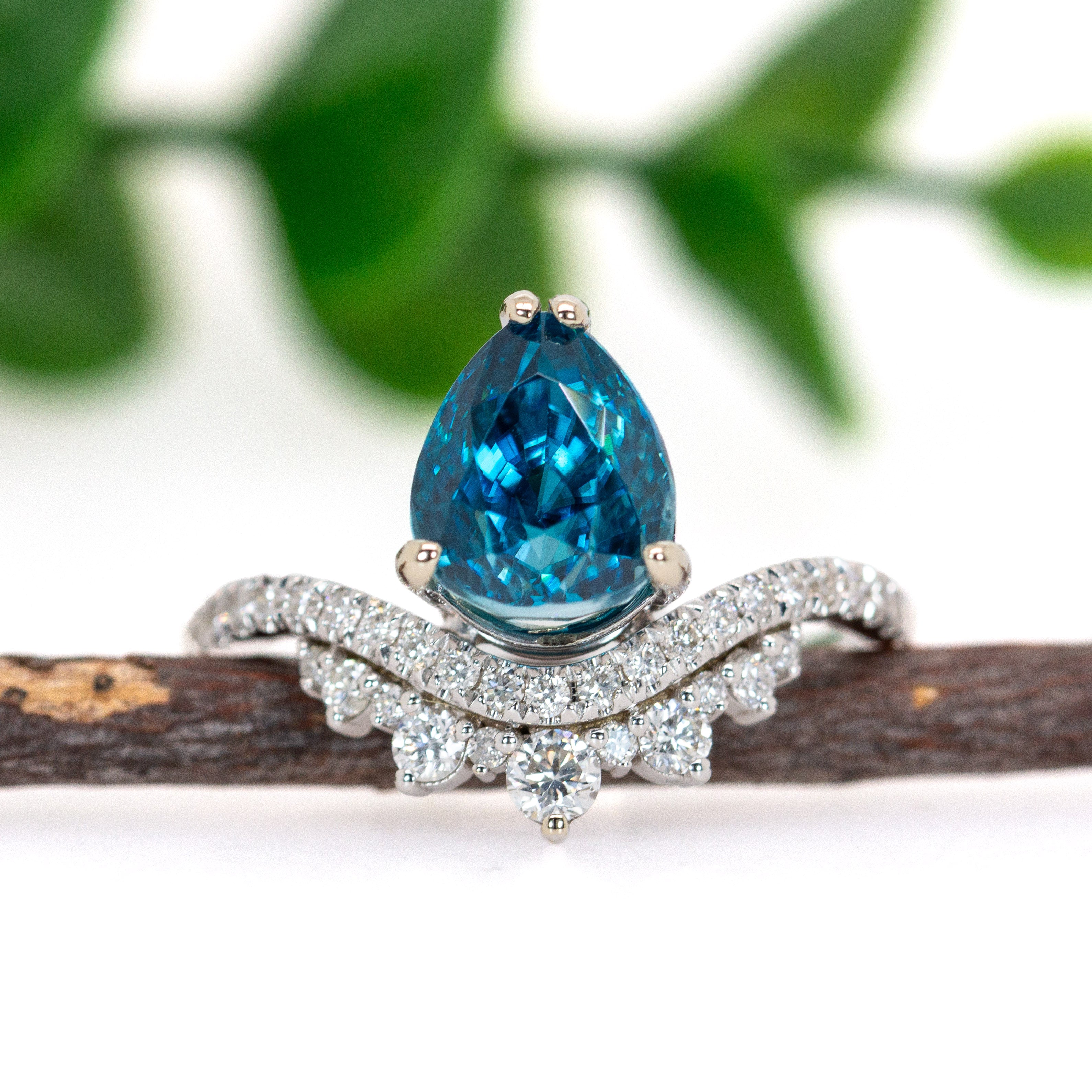Anu 14K White Gold 3.78cts Blue Zircon Diamond Ring | Pear Shape 9x7mm