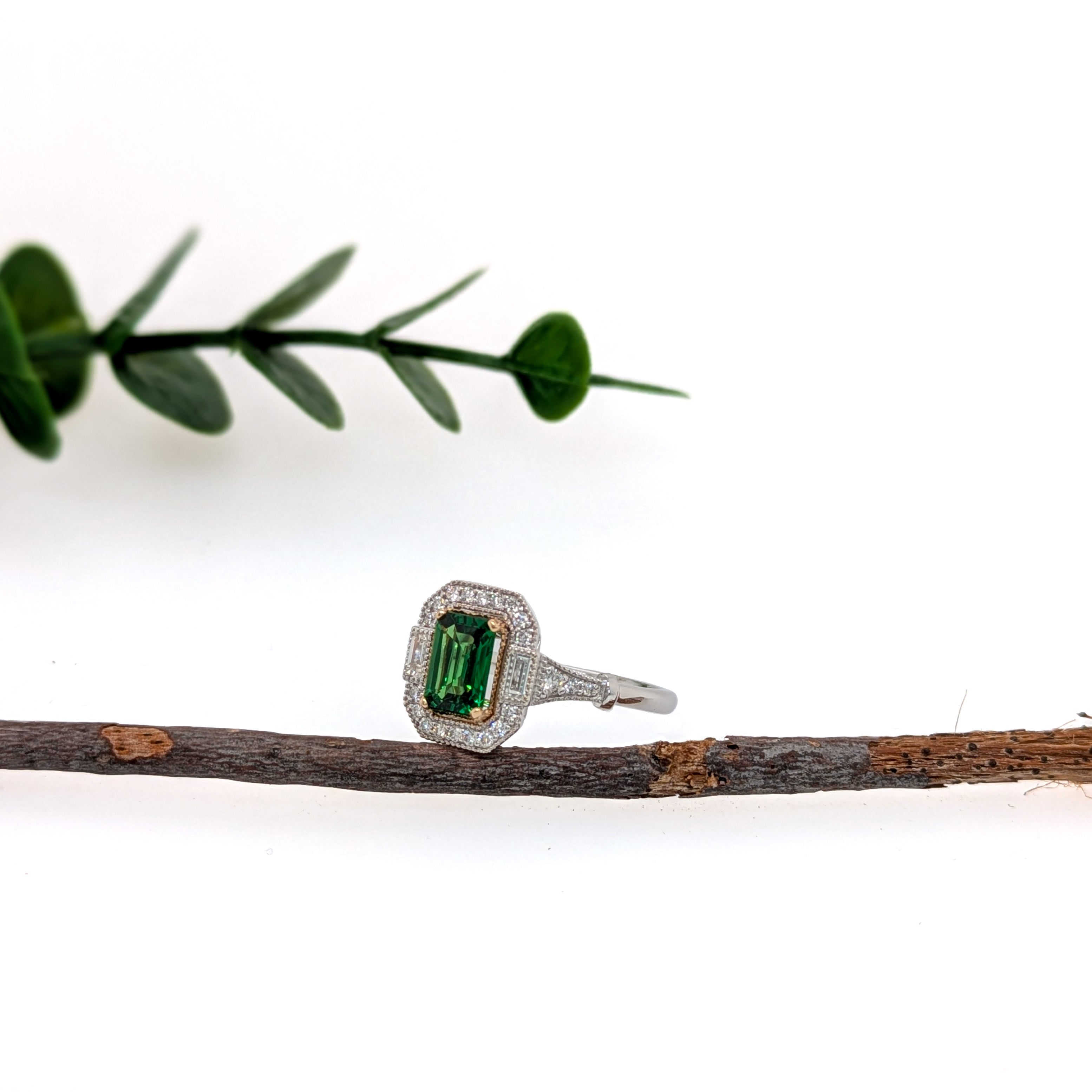 Abhi 14K Dual White Yellow Gold 0.96cts Tsavorite Diamond Ring | Emerald Cut 7x5mm