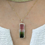 10ct Watermelon Tourmaline Pendant 14K Yellow Gold with Natural Earth Mined Diamonds | EM 26.5x8mm