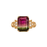 Yuti 14K Yellow Gold Watermelon Tourmaline Diamond Ring | Emerald Cut 12x9mm