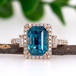 Tanvi 14K Rose Gold 6.68cts Blue Zircon Diamond Ring | Emerald Cut 9.5x7mm