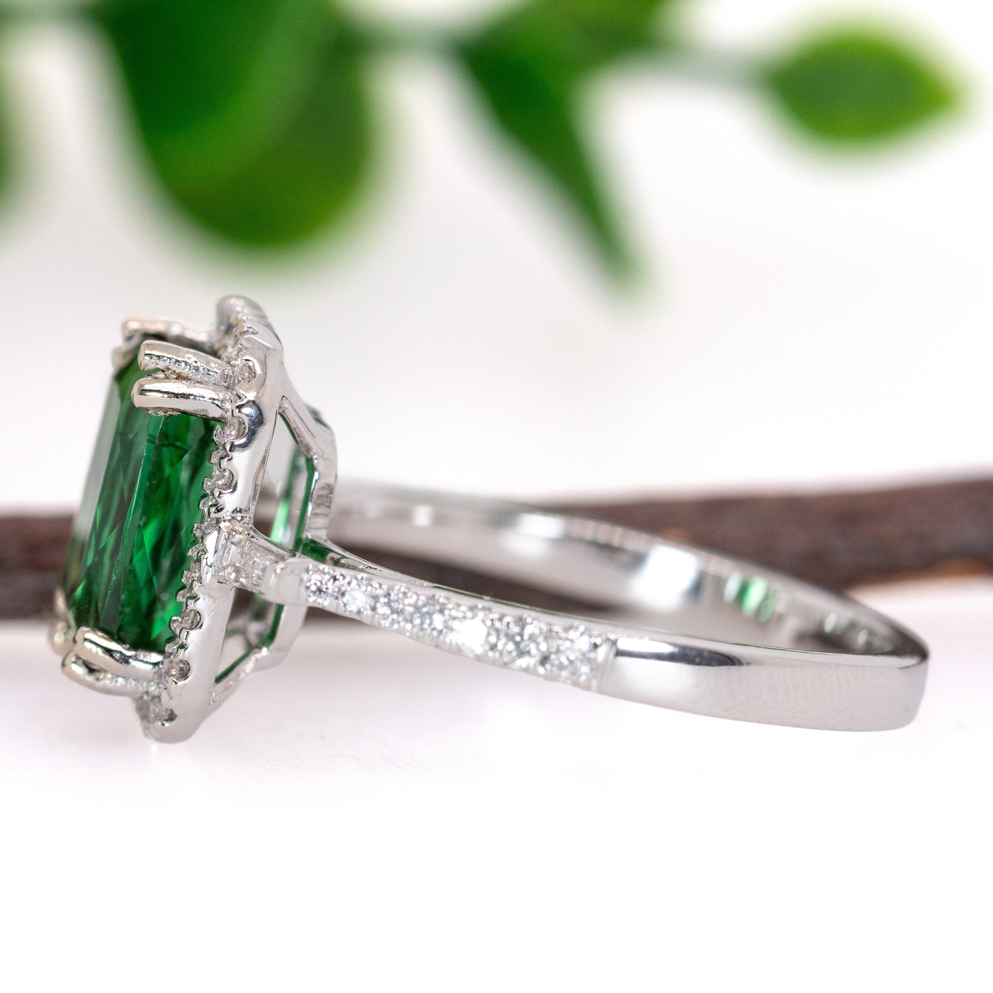 Alka 14K White Gold 2.59cts Indicolite Tourmaline Diamond Ring | Emerald Cut 9x7mm