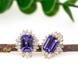 Ayesha 14K Solid Gold Tanzanite Diamond Earrings | Emerald Cut 8x6mm