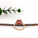 Alma 14K Yellow Gold 4.25cts Madagascar Ruby Diamond Ring | Emerald Cut 10x8mm